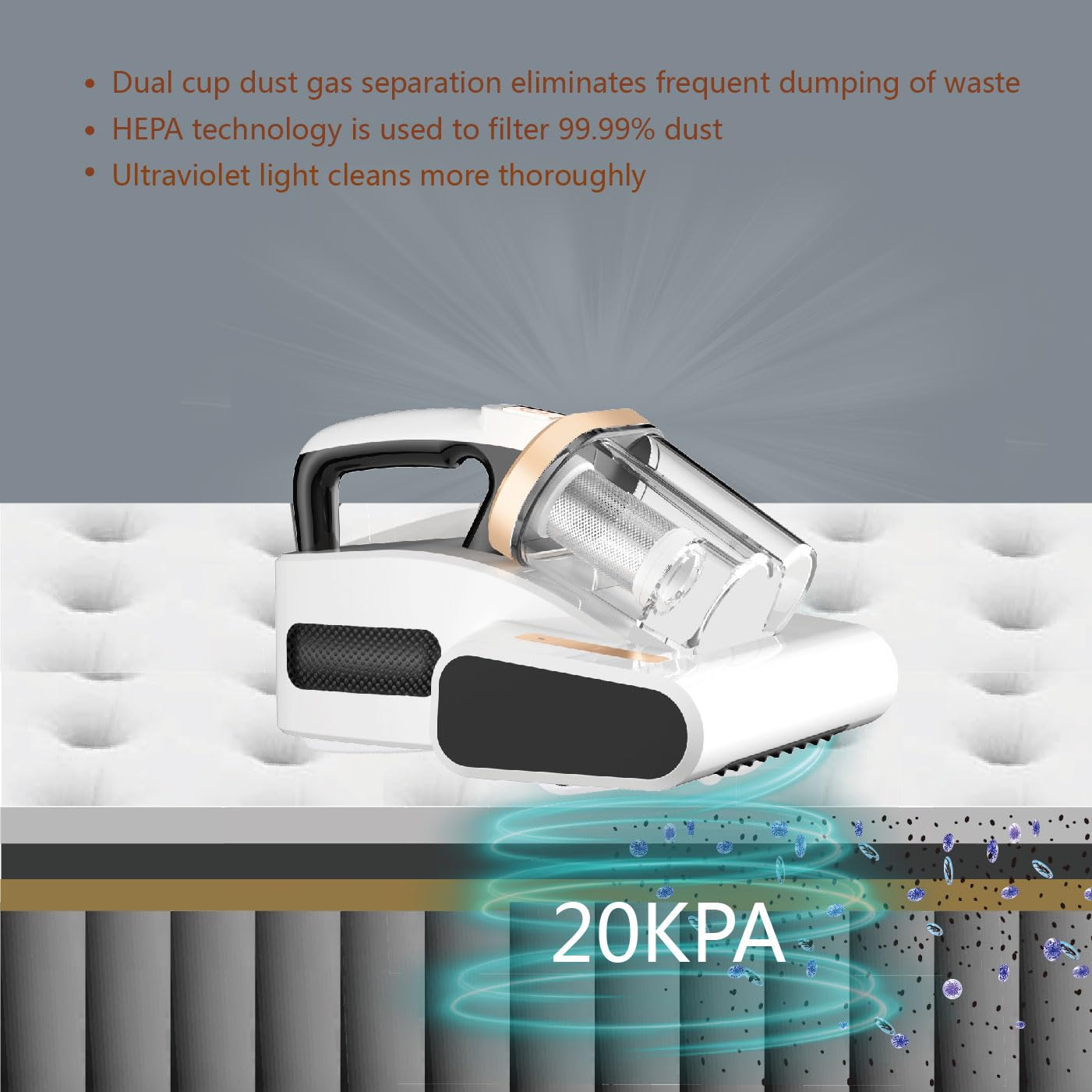 Bigtiger 20Kpa Cordless Handheld Vacuum Cleaner for Mattress, Bed, Sofa - Powerful Deep Cleaning for Dust Mites, Pet Hair & Allergens | Perfect for Home, Dorm & Car Use