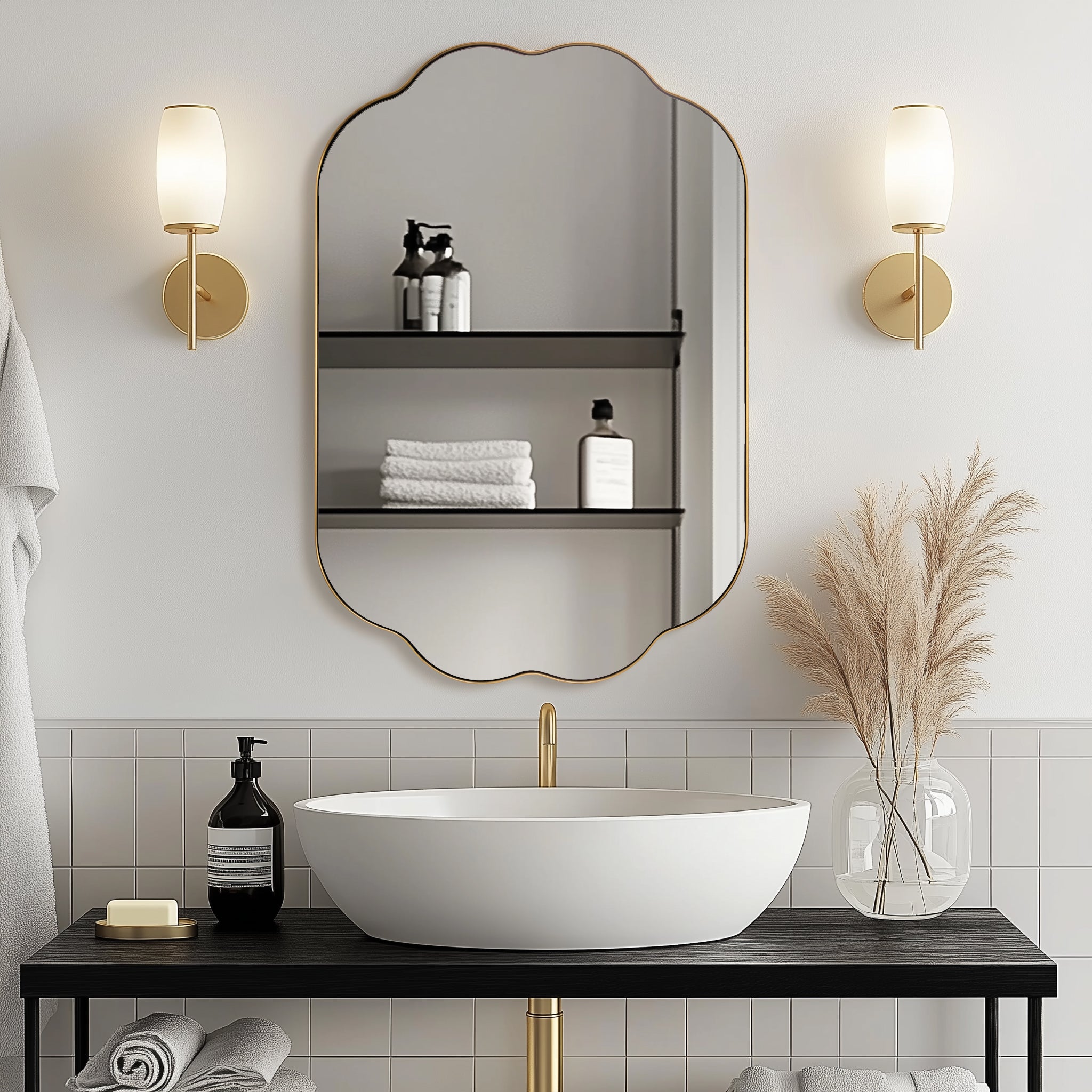 Contemporary Oval Scalloped Bathroom Vanity Mirror with Stainless Steel Frame - Elegant Wall Mirror for Modern Bathroom Decor, Powder Room, and Guest Bathroom