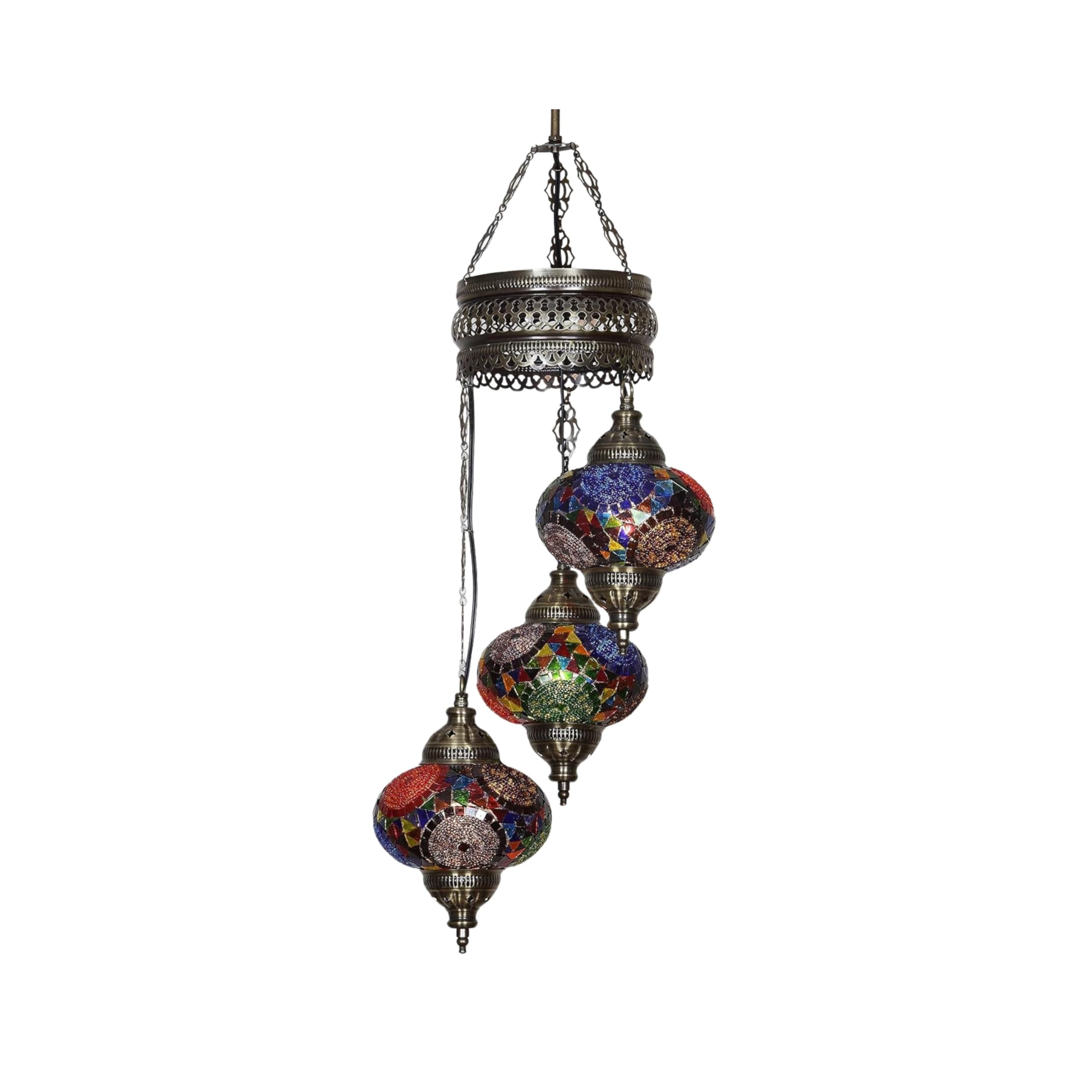 Authentic Tiffany Chandelier Lamp - Turkish Mosaic Stained Glass Ceiling Light with 3 Colorful Globes for Living Room, Bedroom, Dining Room | Vintage Home Decor, Unique Housewarming Gift, Corded Electric Lighting Fixture | Perfect for Romantic Ambiance, Boho Decor & Luxury Interior Design