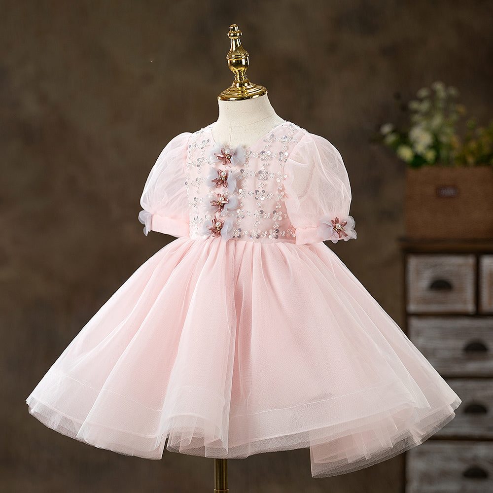 Sparkling Pink Tulle Flower Girl Dress with Sequins & Lantern Sleeves - Perfect for Weddings, Pageants & Special Occasions