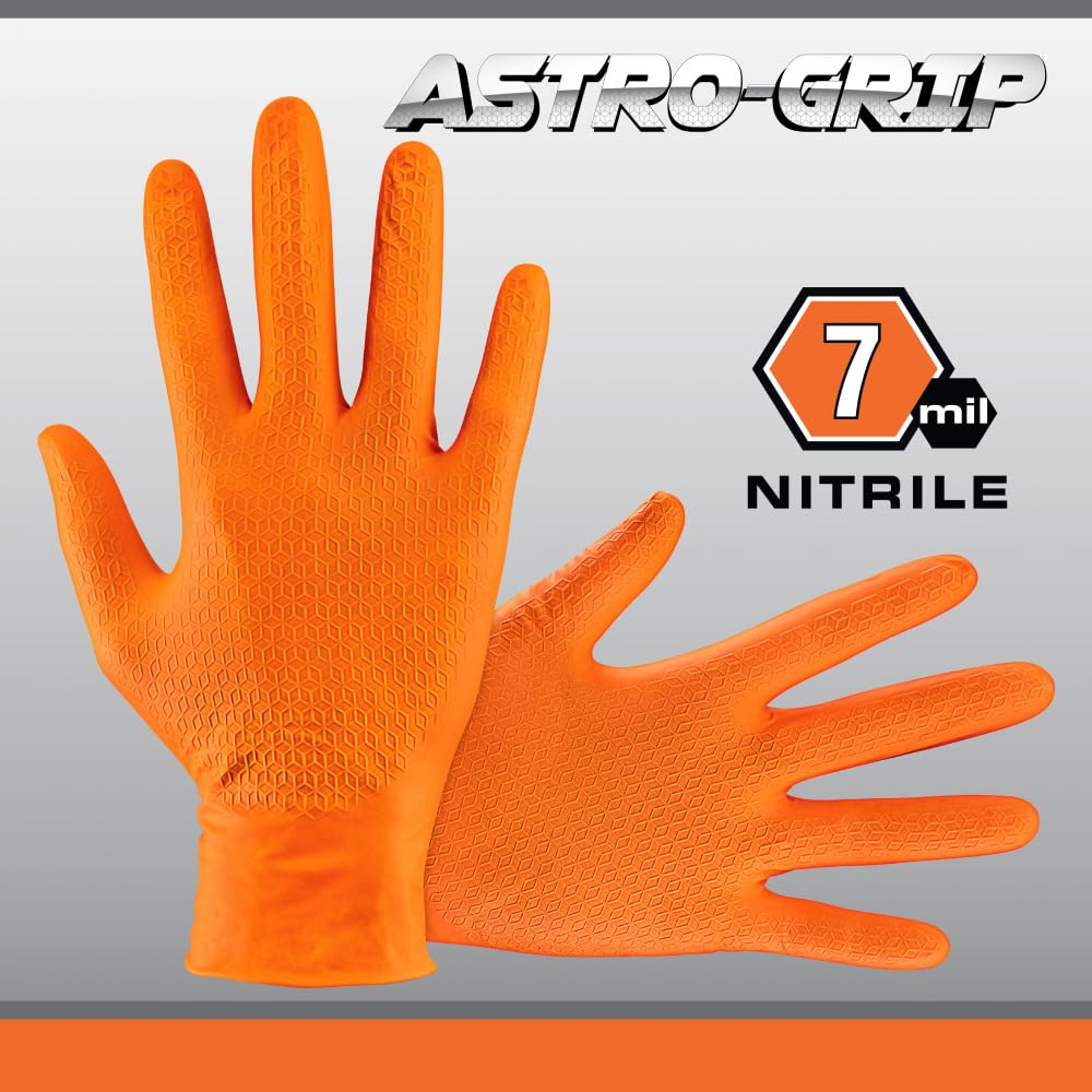 SAS Astro-Grip Powder-Free Exam Grade Nitrile Disposable Gloves - 10 Boxes (100 Gloves Each), Orange, 7 Mil - Ideal for Medical, Dental, Laboratory & Food Handling Safety