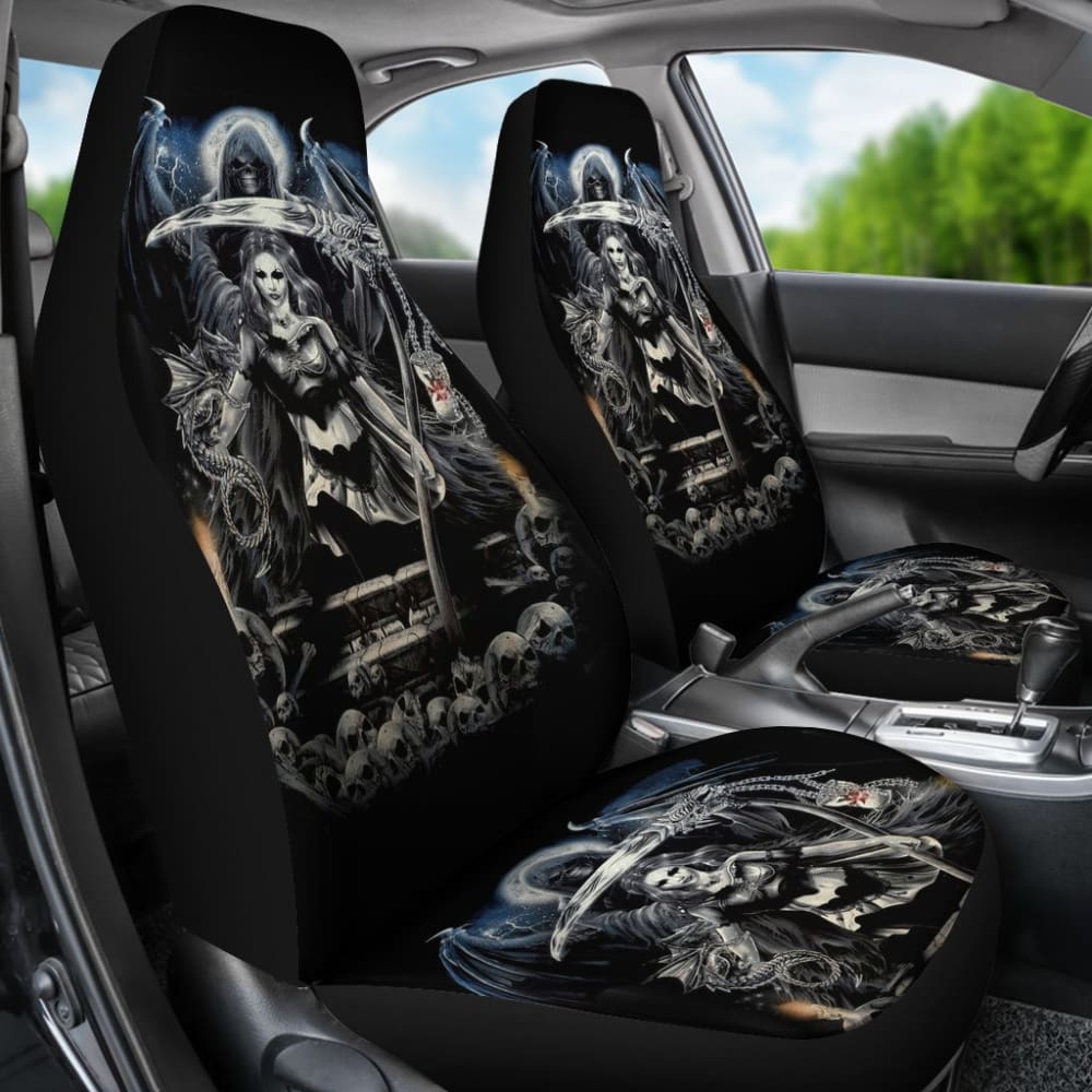 2 Pcs Gothic Skull Car Seat Covers - Universal Fit for Cars, Trucks & SUVs - Black PU Leather with Skull Design - Perfect for Halloween, Car Enthusiasts & Gothic Style Lovers