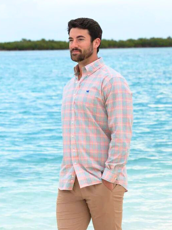 Southern Marsh Caicos Peach & Mint Performance Dress Shirt - Breathable Moisture-Wicking Office & Casual Wear for Men