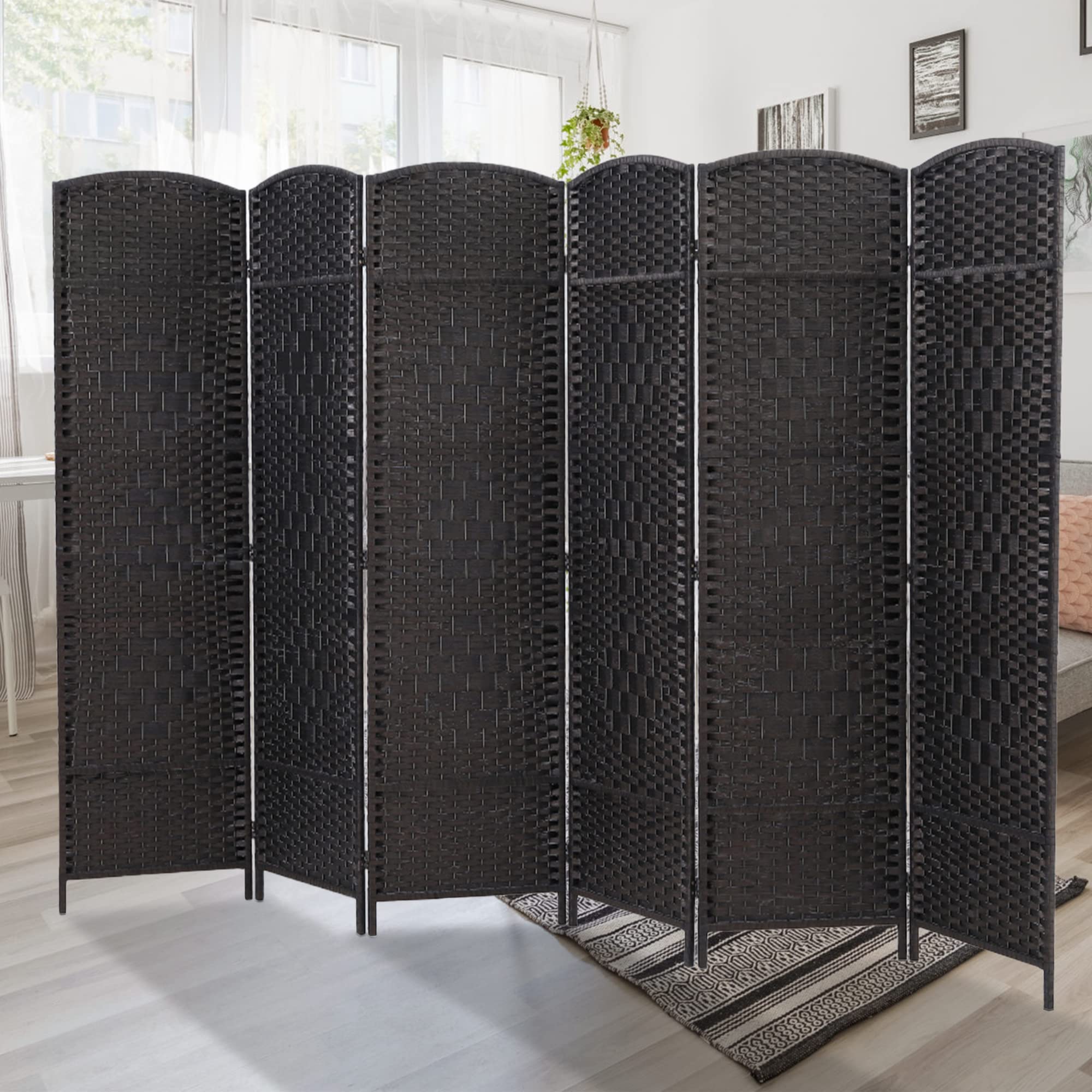 Duraspace 6-Panel Tall Room Divider - 6FT Freestanding Woven Fiber Privacy Screen, Double Hinged Folding Partition for Home, Office, Patio & Outdoor Use (Black)