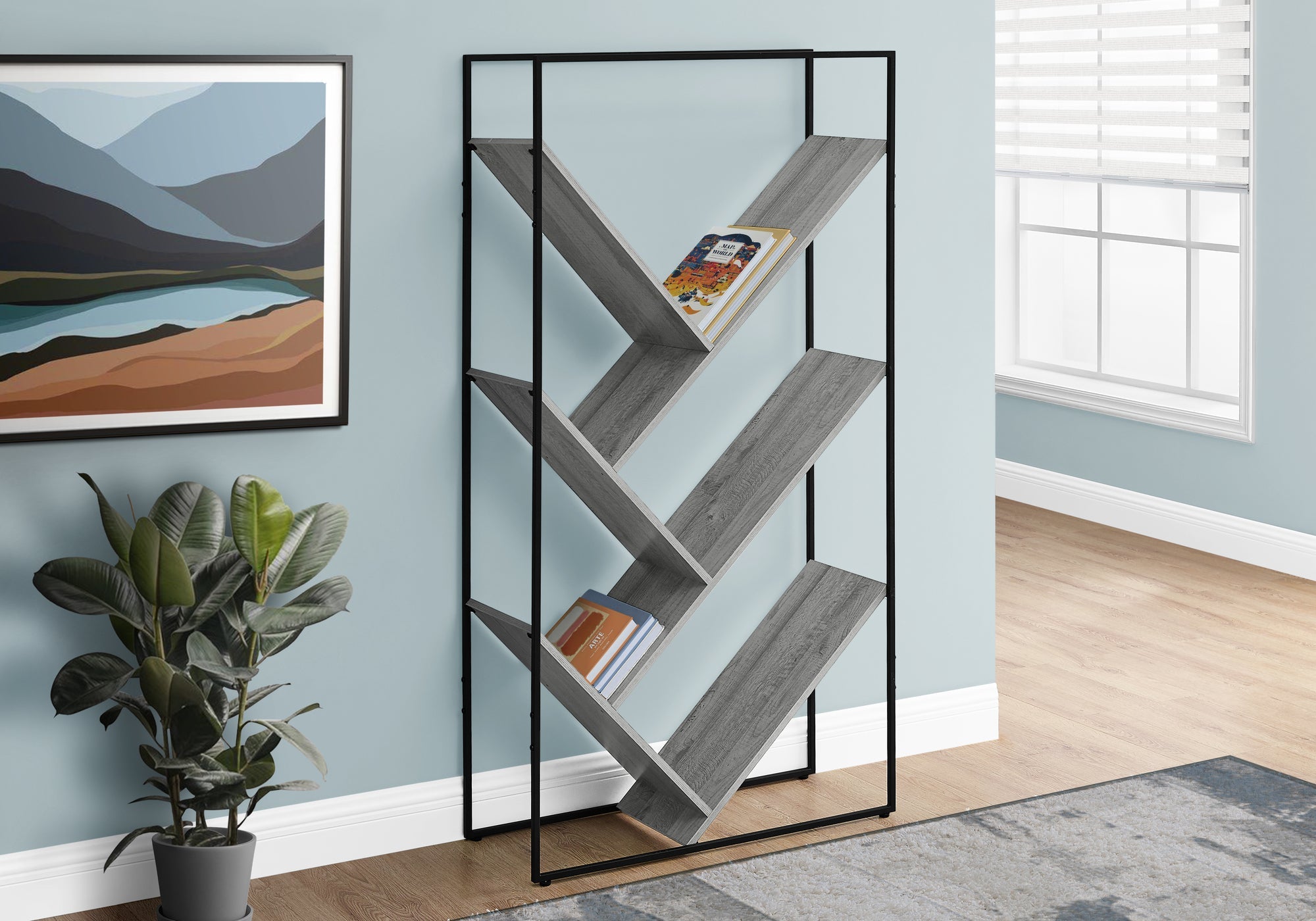 Modern 60-Inch Tall Grey & Black Metal Bookcase - Sturdy Bookshelf for Home Office, Living Room, and Bedroom Storage