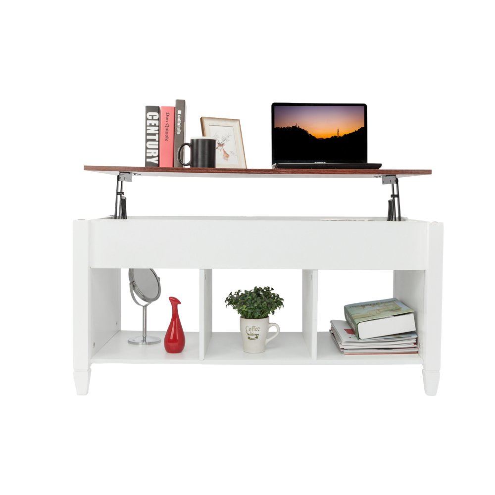 Modern Lift Top Coffee Table with Hidden Storage & Shelf - Solid Wood Legs in Brown & White - Perfect for Living Room, Dining Area & Home Office - Space-Saving Design with Storage Cabinets for Books, Remotes & Decor