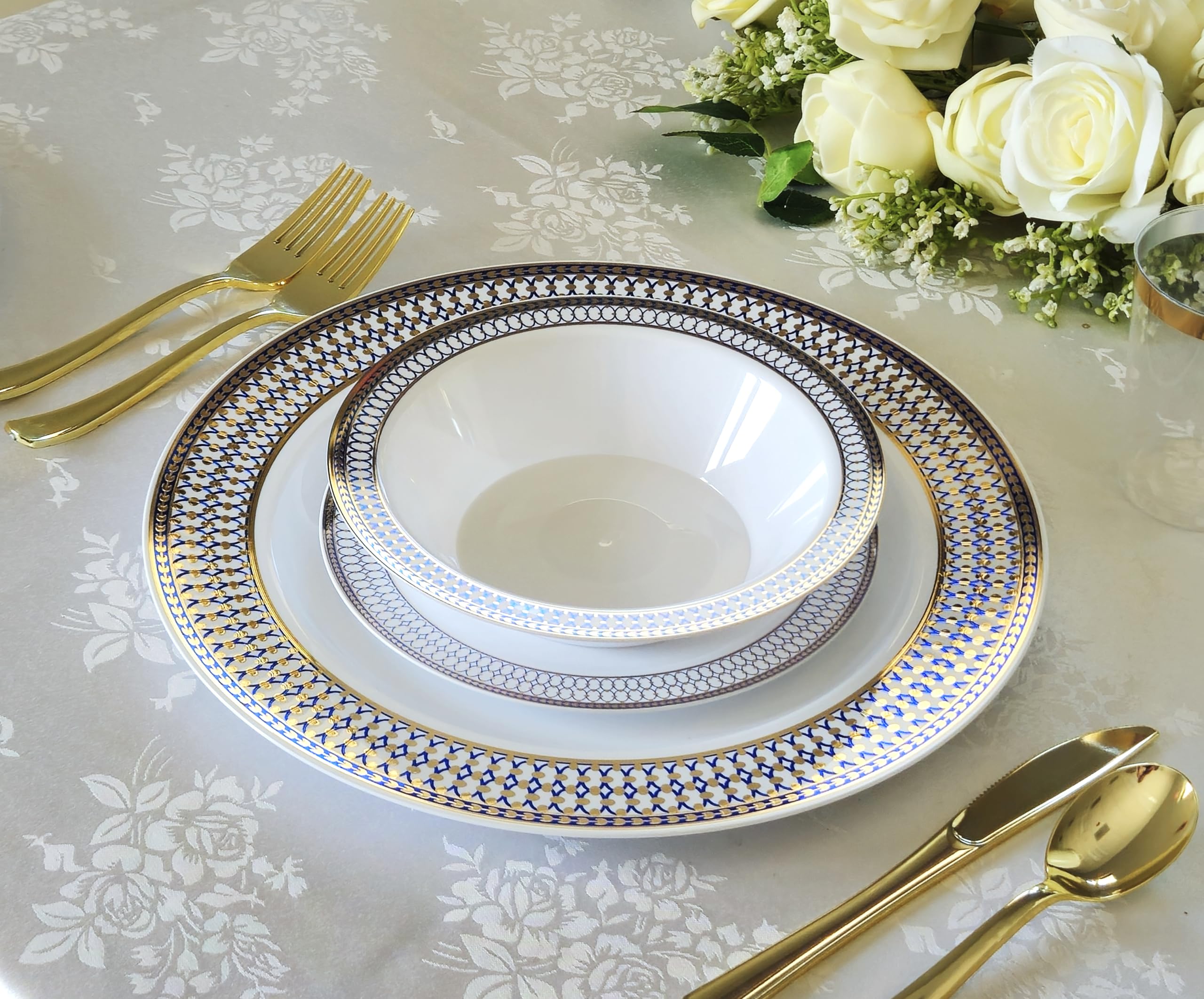 40-Piece Heavyweight Disposable Plastic Plates Set - 14oz Soup Bowls for Wedding, Party & Events (White/Blue/Gold) - Elegant Dinnerware for Catering, Picnics & Special Occasions