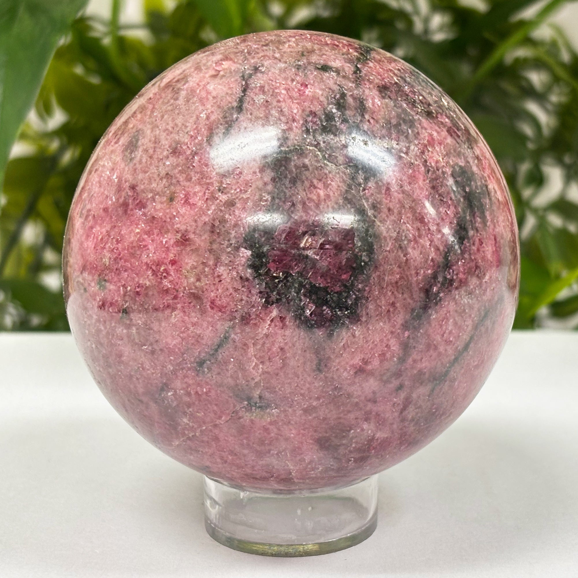 2.5 Inch Natural Polished Rhodonite Crystal Sphere - Pink Gemstone Ball for Home Decor, Desk Display, Meditation & Healing - Smooth Stone Orb for Feng Shui, Collection & Spiritual Gifts