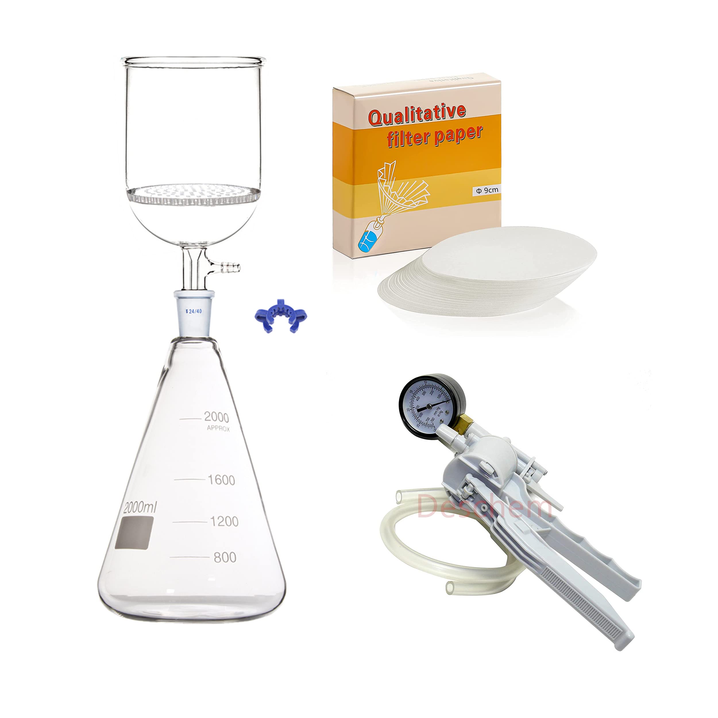2000ml Suction Filtration Kit with 90mm Buchner Funnel, 2L Flask & Vacuum Pump - Laboratory Filtration System for Chemistry, Biology Experiments & Scientific Research