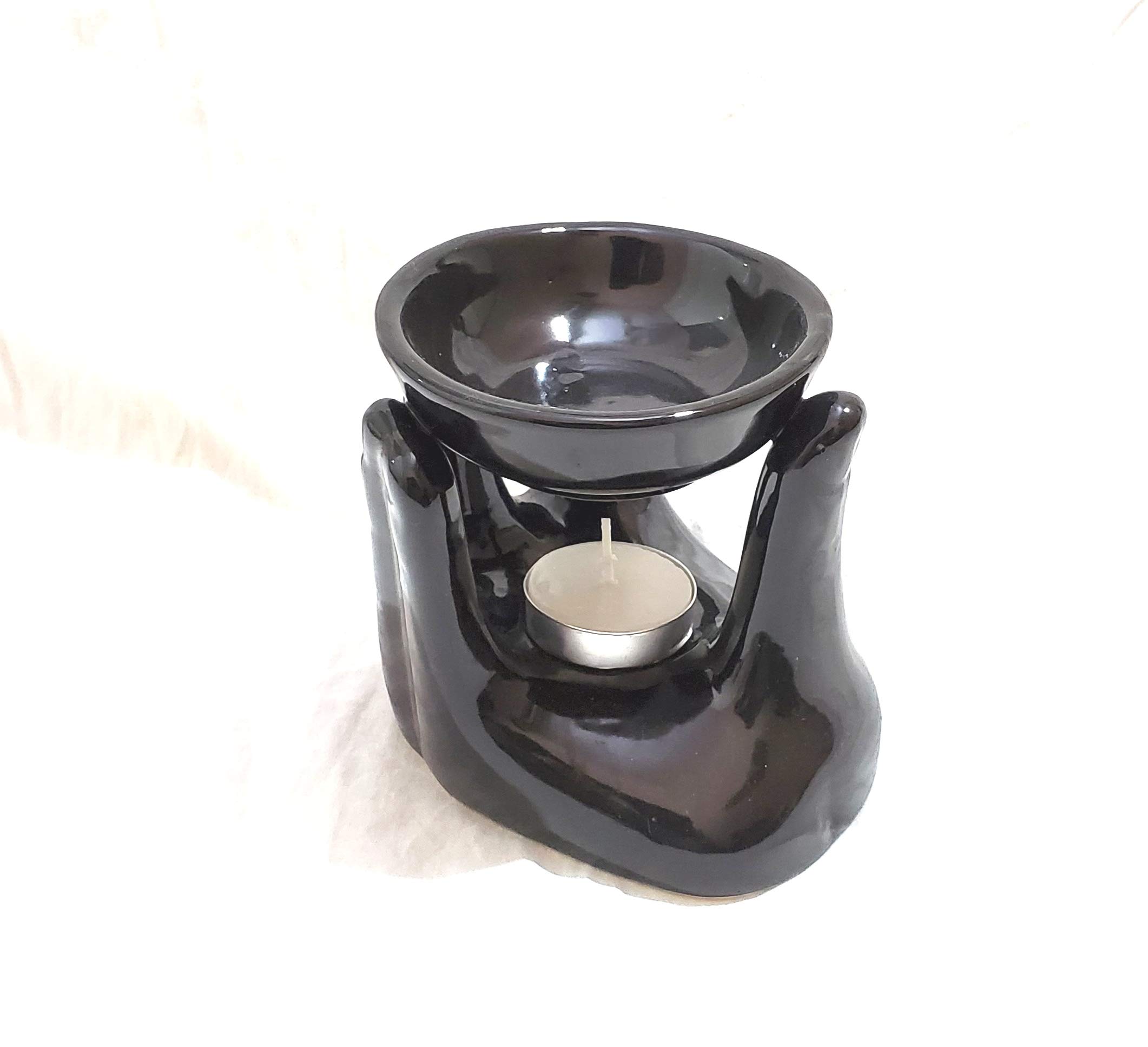 Pure Source India Porcelain Oil Burner with Tea Light Candle - Aromatherapy Diffuser for Home, Office, Yoga & Meditation (Black)