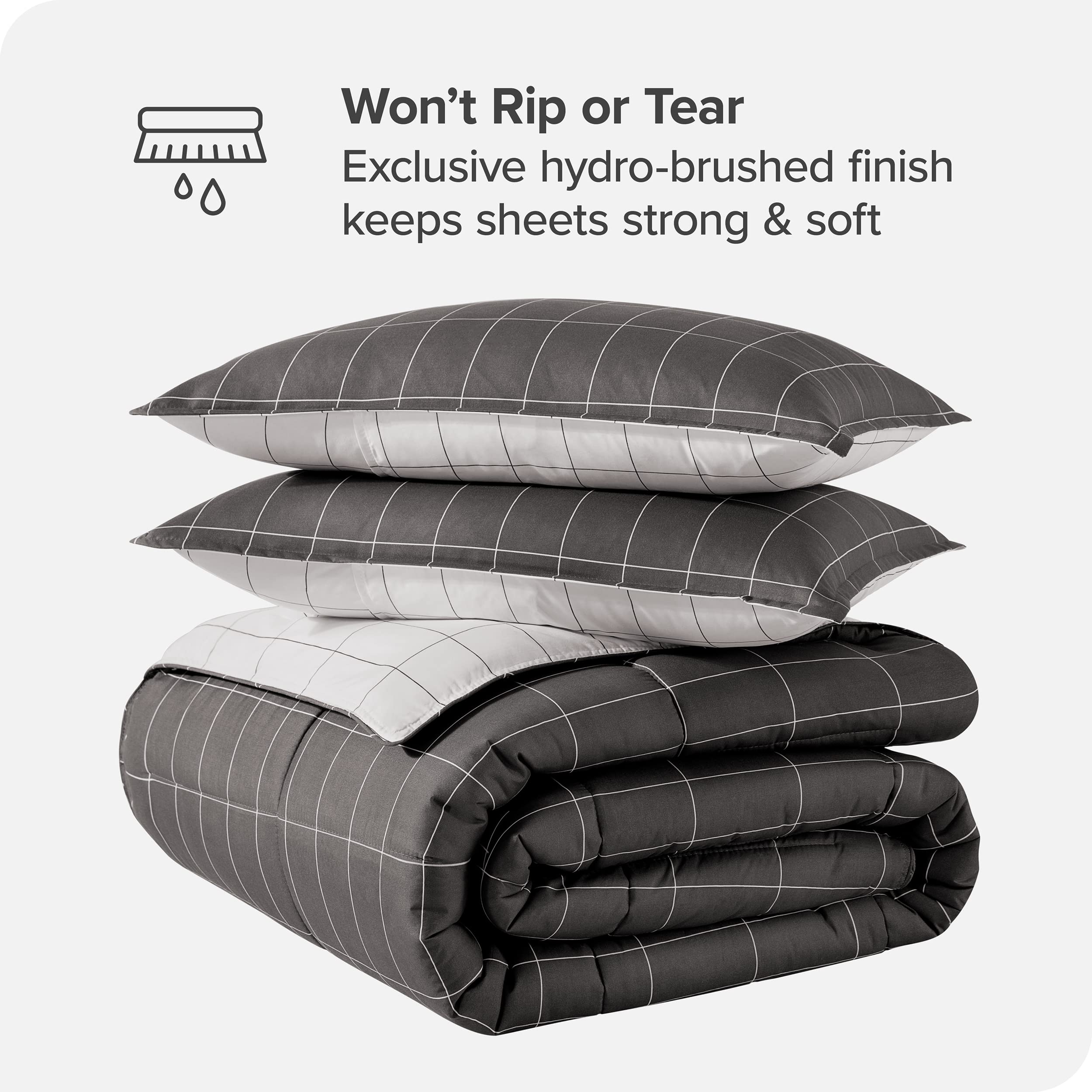 Bare Home 7-Piece Queen Bed-in-a-Bag Comforter Set with Sheets - Ultra Soft 1800 Premium Goose Down Alternative Bedding (Grid Grey/White Comforter + White Sheets) - Perfect for Master Bedroom, Guest Room & Cozy Home Decor