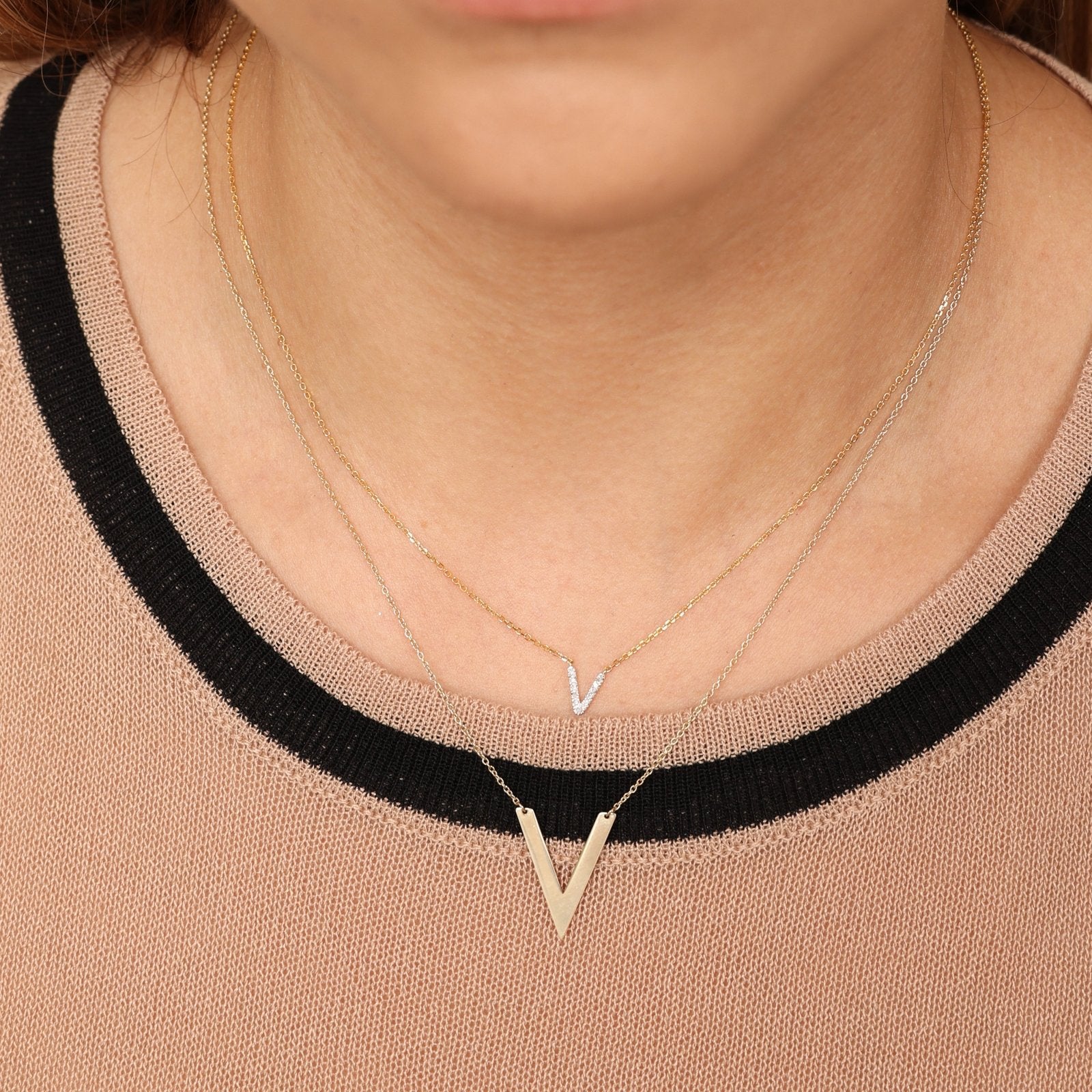 14K Solid Yellow Gold Chevron V Station Necklace for Women - Elegant Layering Piece for Everyday Wear, Date Nights & Special Occasions