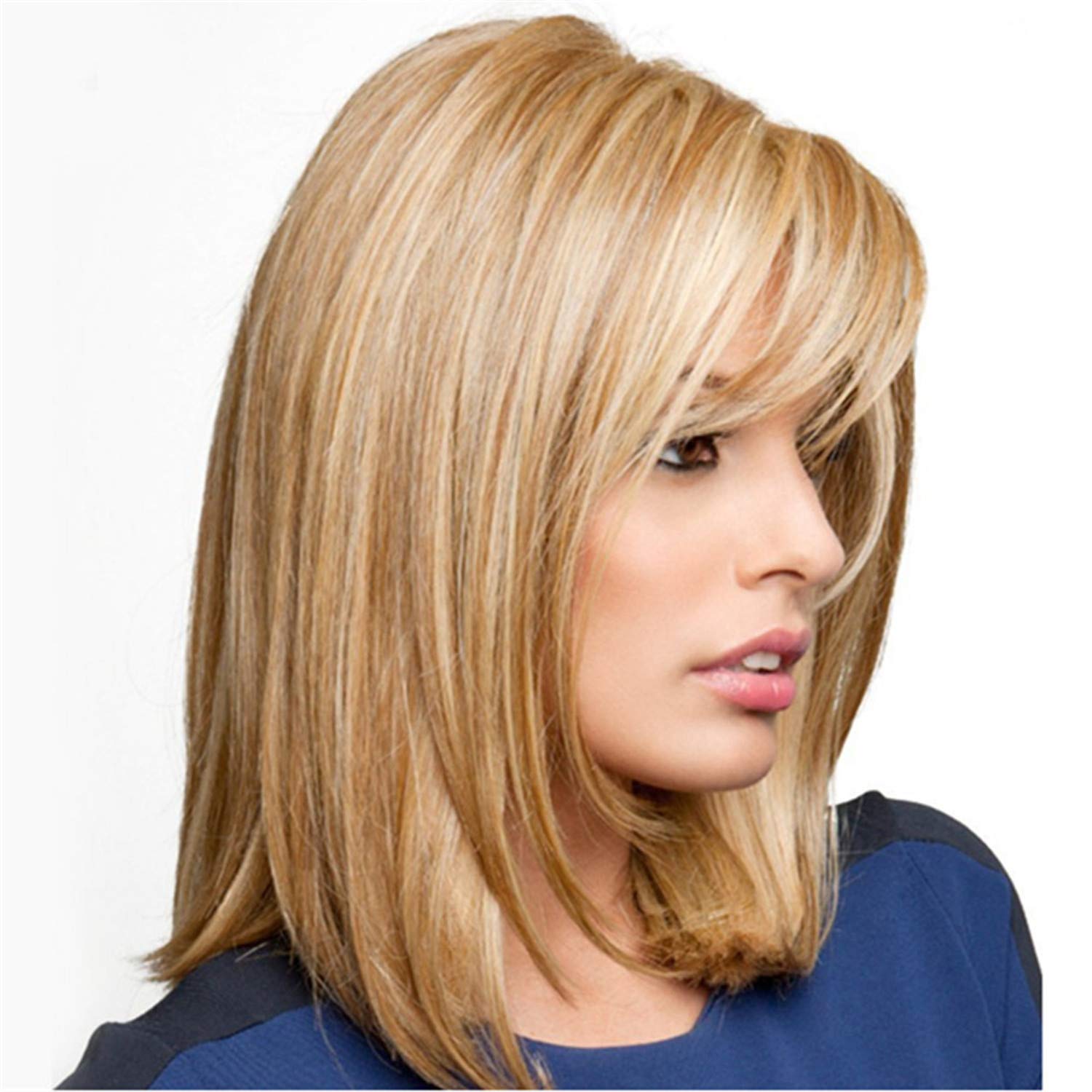Andongnywell Mid-Length Blonde Wavy Wig for Women - Soft Real Human Hair with Bangs - Natural Hair Replacement for Cosplay, Halloween, Parties & Daily Wear