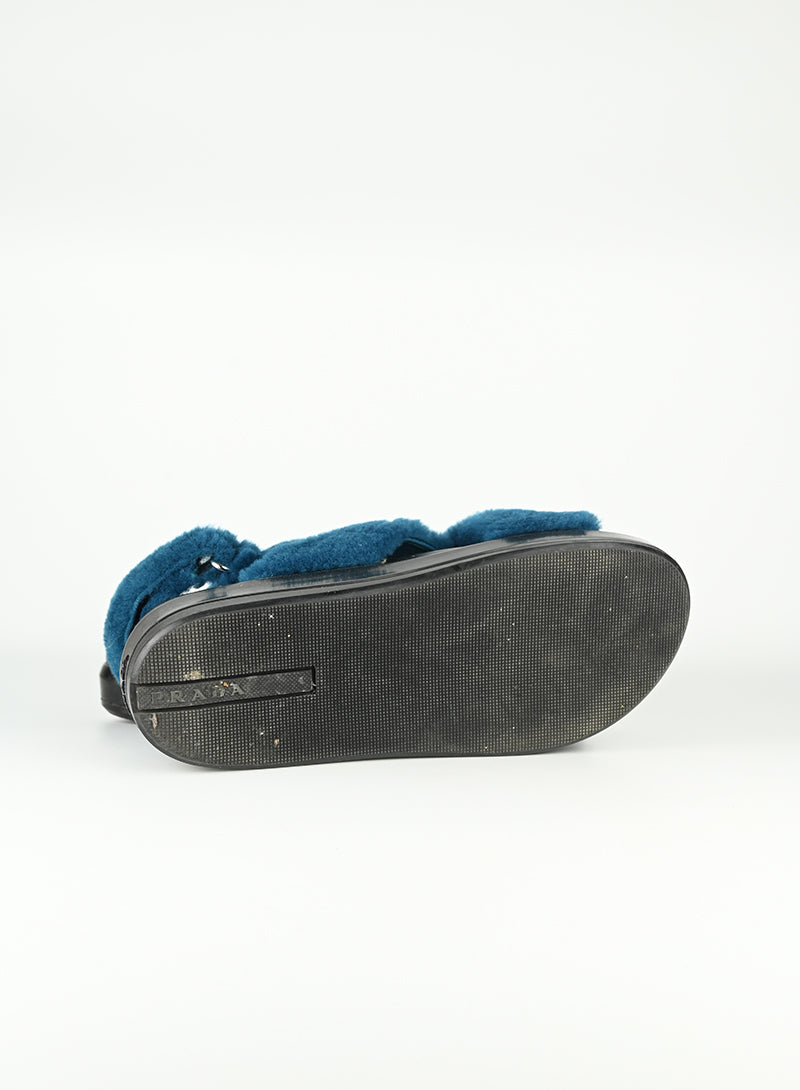 Prada Blue Fur Sandals Women's Size 39 - Luxury Designer Slides for Summer & Beach Wear