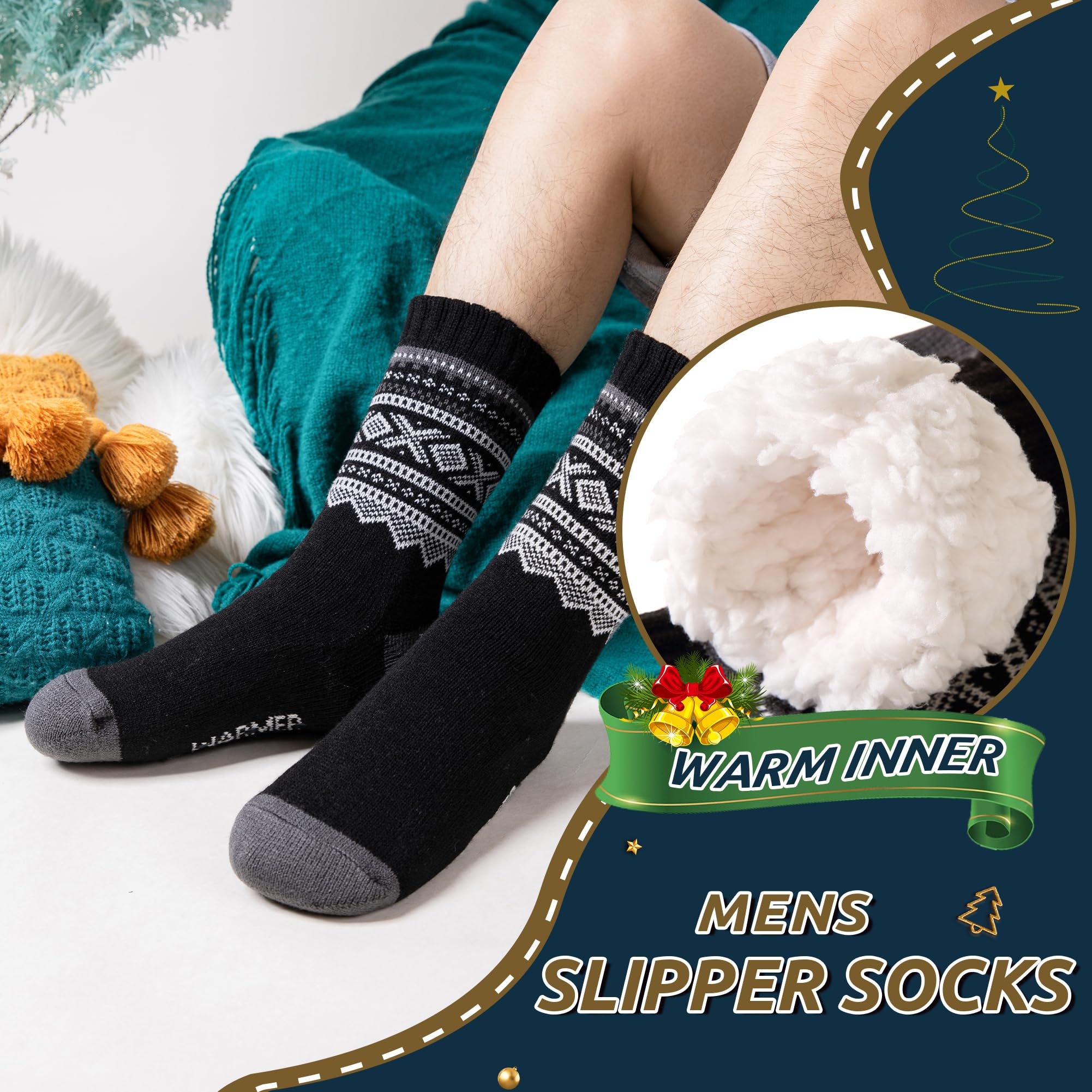 Men's Fleece Lined Thick Winter Slipper Socks - Ultra Cozy Non-Slip Fuzzy Home & Sleeping Socks for Cold Weather Indoor Comfort