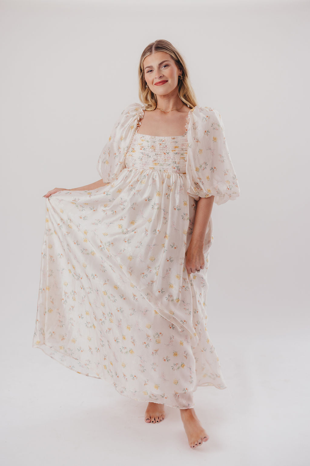 Melody Maxi Dress with Pleats & Bow Detail - Yellow Rose Floral Print | Bump Friendly Maternity Dress | Inclusive Sizing S-3XL | Perfect for Weddings, Baby Showers & Summer Vacations