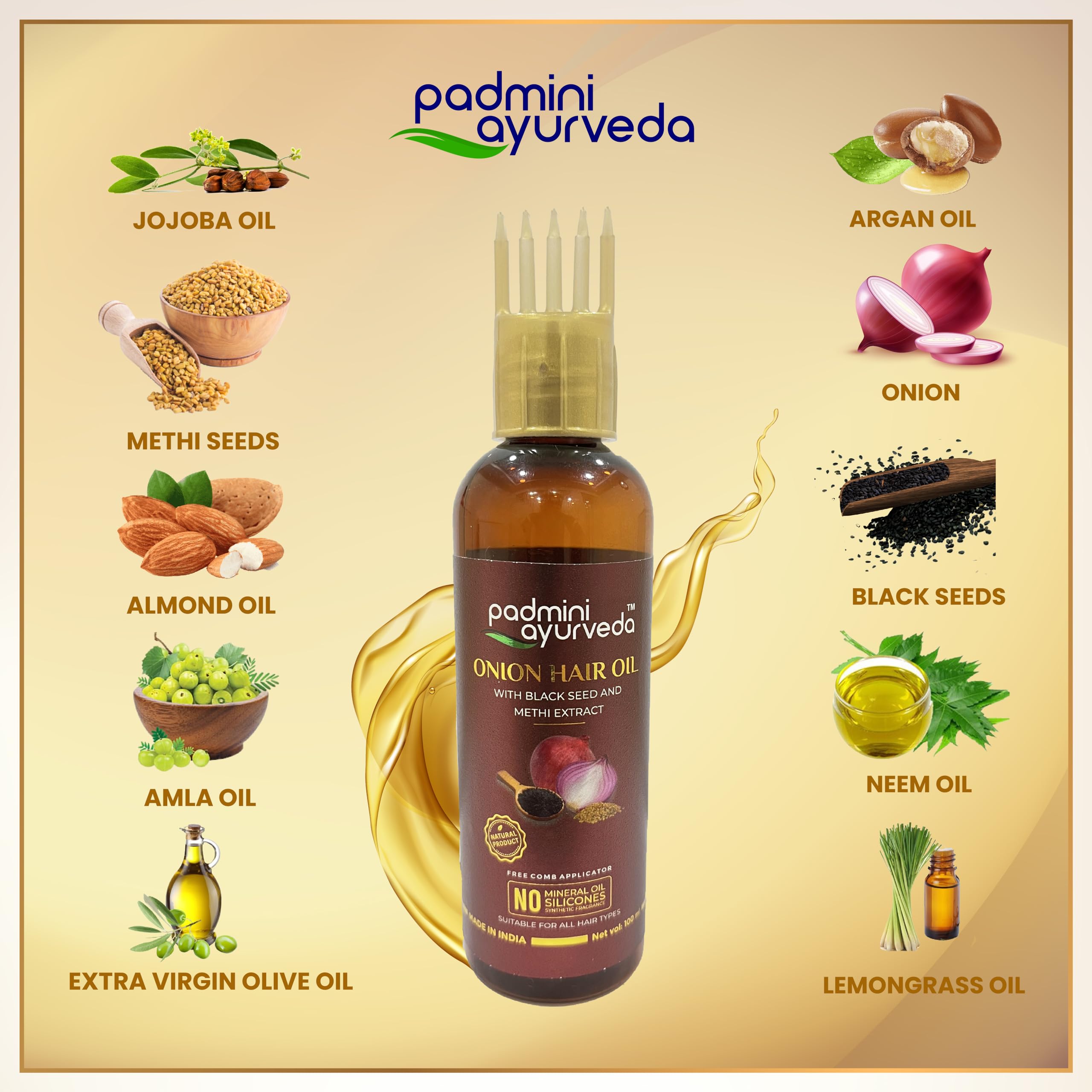 Padmini Ayurveda Onion Hair Oil for Men & Women - 100ml | Natural Hair Growth Treatment for Healthy, Strong & Nourished Hair | Reduces Hair Fall & Promotes Thickness | Perfect for Daily Hair Care & Scalp Massage