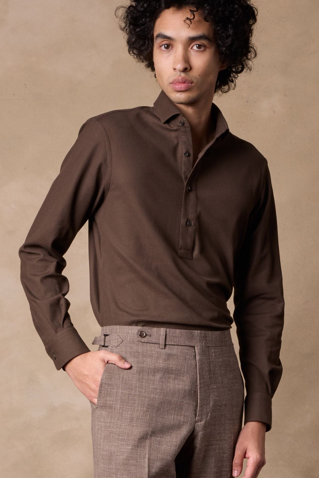 Premium Brown Cotton Magnus LS Polo Shirt - Soft Lux Knit Fabric for Men | Ideal for Business Casual, Golf & Everyday Wear