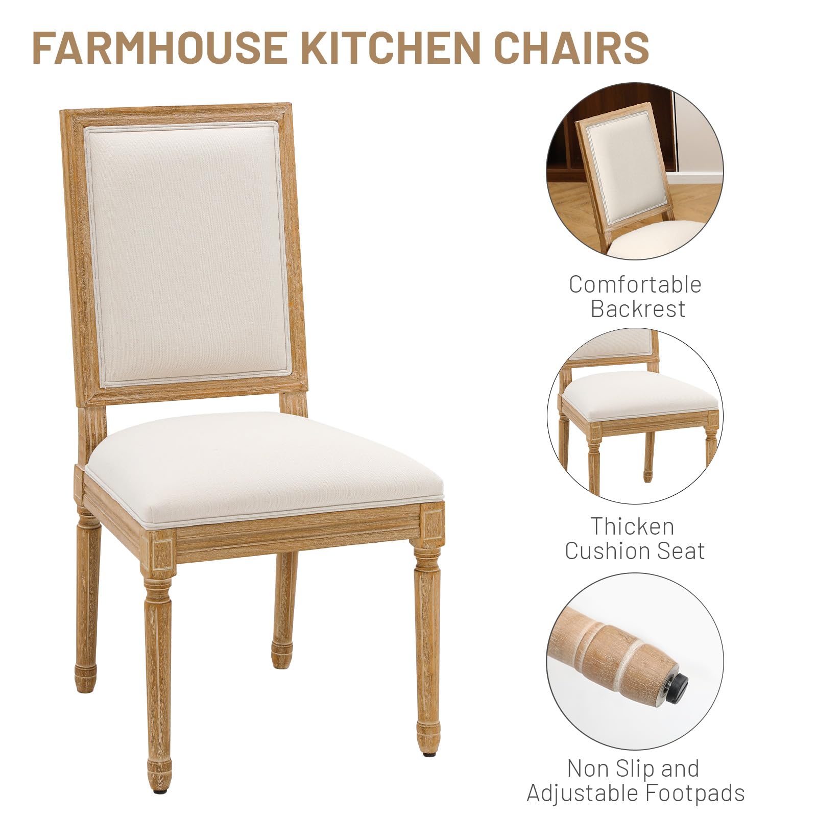 Furniliving French Country Dining Chairs Set of 4 - Upholstered Farmhouse Kitchen Chairs with Back for Dining Room, Living Room, Restaurant (Beige Square) | Perfect for Farmhouse Decor, Rustic Weddings & Cozy Home Dining