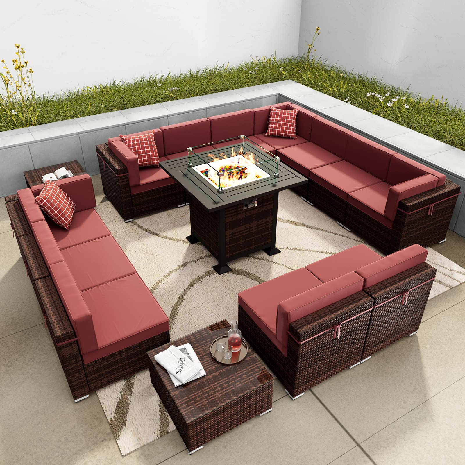 15-Piece Outdoor Patio Furniture Set with Gas Fire Pit Table - Waterproof Sectional Sofa, 32