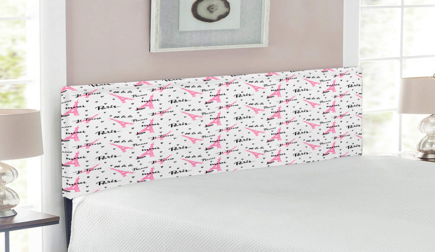 Ambesonne Paris Headboard - Queen Size Upholstered Metal Bed Frame with Memory Foam | European Inspired Eiffel Tower Design with French 'Je Taime' Romance Heart | Pale Pink & White Decorative Headboard for Master Bedroom, Guest Room & Apartment Decor
