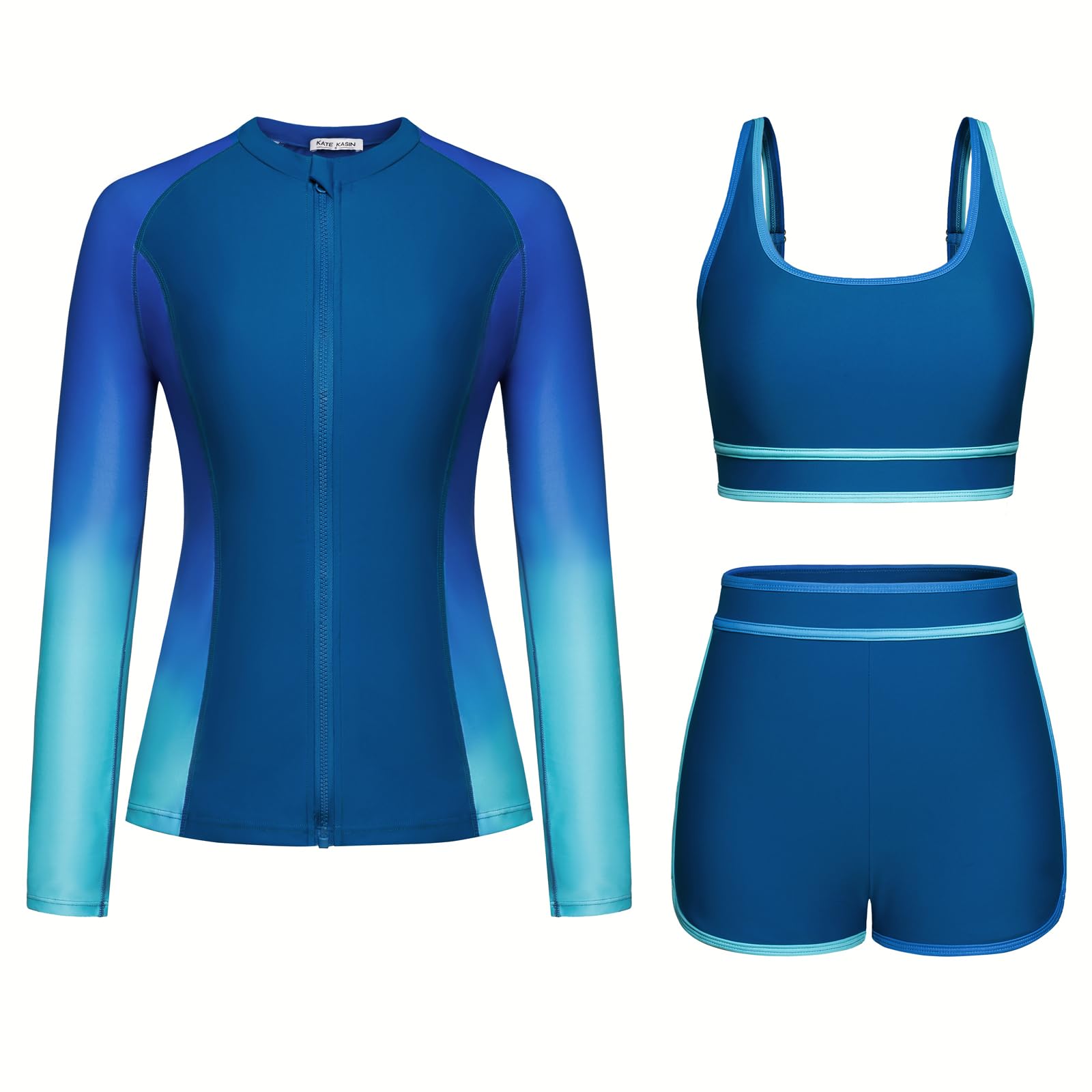 Kate Kasin Women's 3 Piece Rash Guard Long Sleeve Swimsuits - UPF 50+ Sun Protection, Zip Up Swimwear with Built-in Bra & Boyshorts - Quick Dry Swim Shirts for Surfing, Swimming & Beach Activities