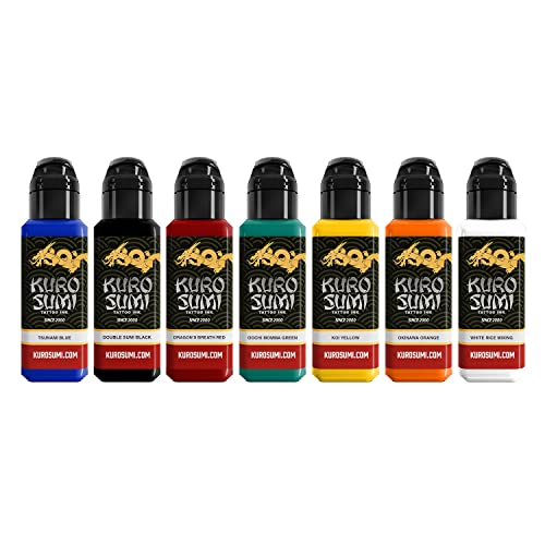 Kuro Sumi Japanese Tattoo Ink Set - Professional Vegan Tattoo Color Inks (7 Bottles, 1.5oz) for Traditional & Modern Tattoo Artists | Perfect for Sleeves, Tribal & Fine Line Tattoos