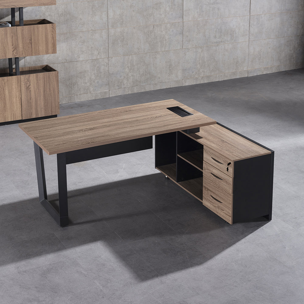 ADRIANO Executive Office Desk with Right Return - 160cm & 180cm Light Brown Wooden L-Shaped Desk for Home Office & Workspace