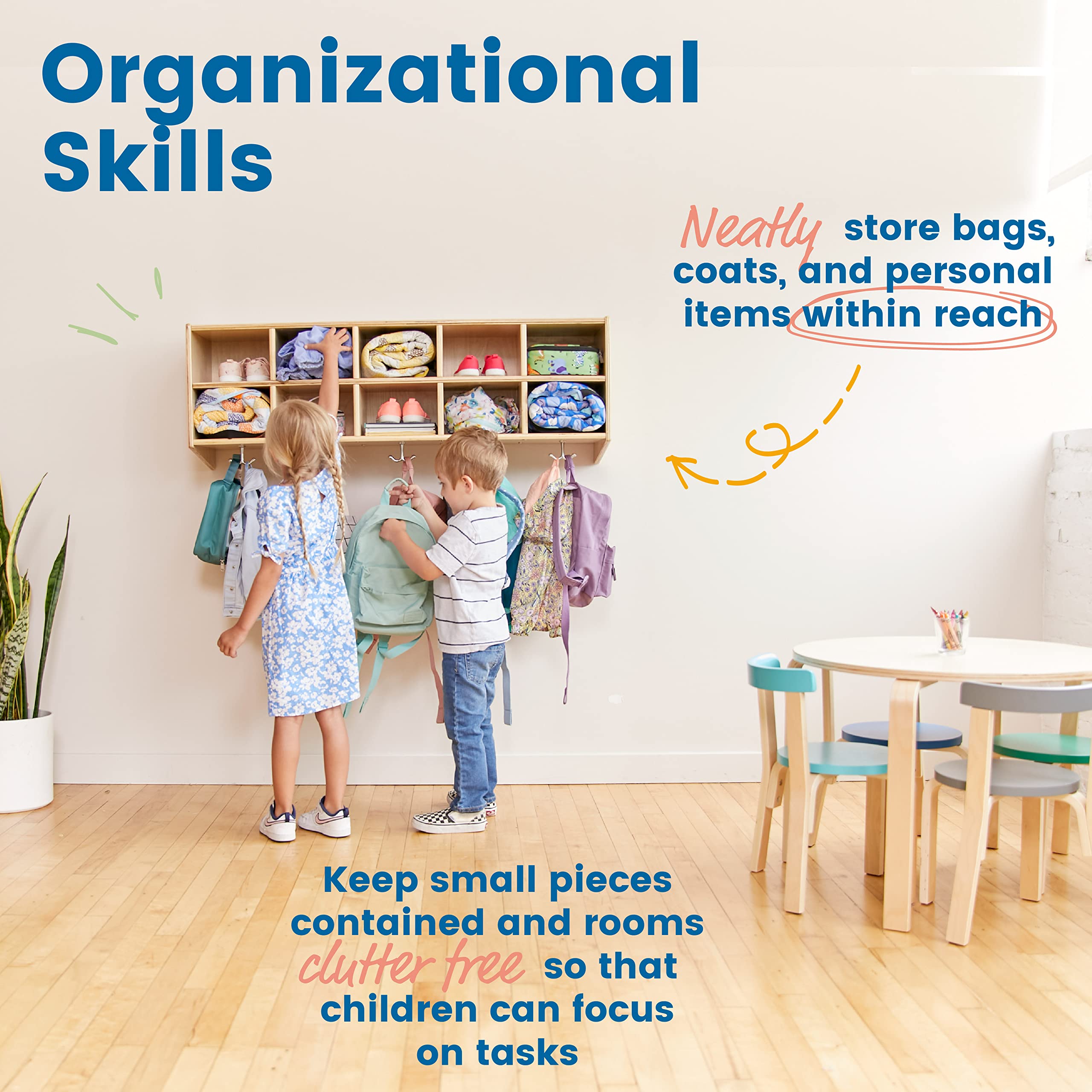 ECR4Kids Natural Blue 10-Section Hanging Coat Locker with Scoop Front Storage Bins - Classroom Organization, Daycare Storage, School Cubby for Kids' Coats & Backpacks