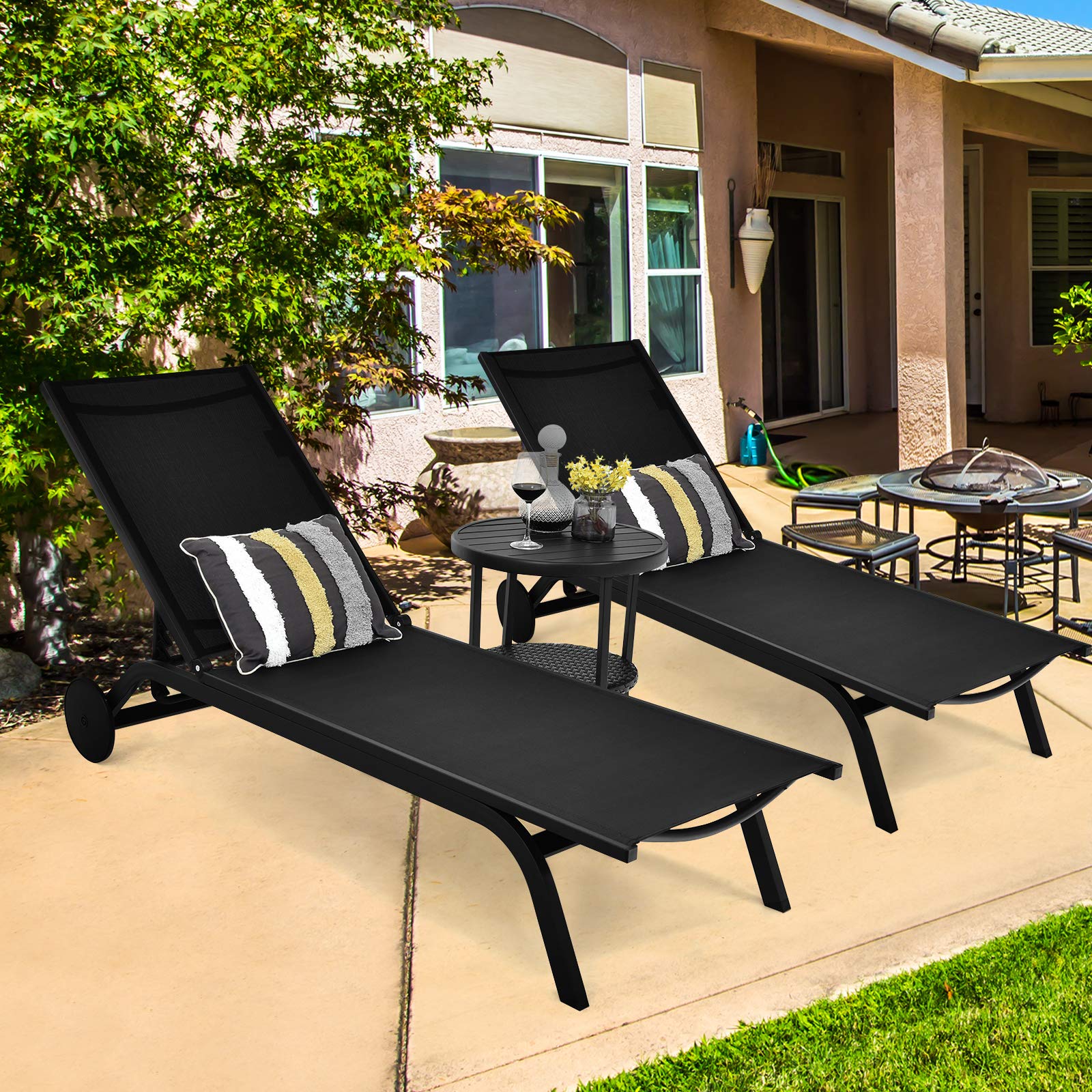 **Giantex Adjustable Aluminum Patio Lounge Chair with 6-Position Recliner & Wheels - Outdoor Chaise Lounge for Poolside, Beach, Garden, and Backyard Sunbathing (2-Pack, Black)**