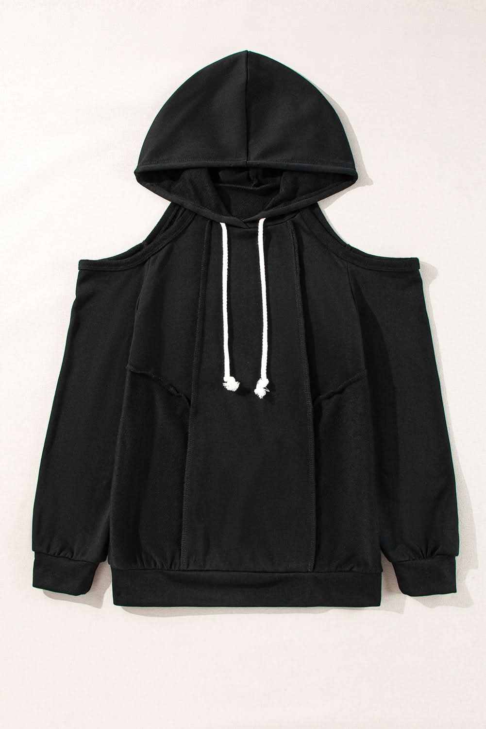 Stylish Black Cold Shoulder Hoodie for Women - Trendy Oversized Pullover Sweatshirt for Casual Outfits, Streetwear & Layering