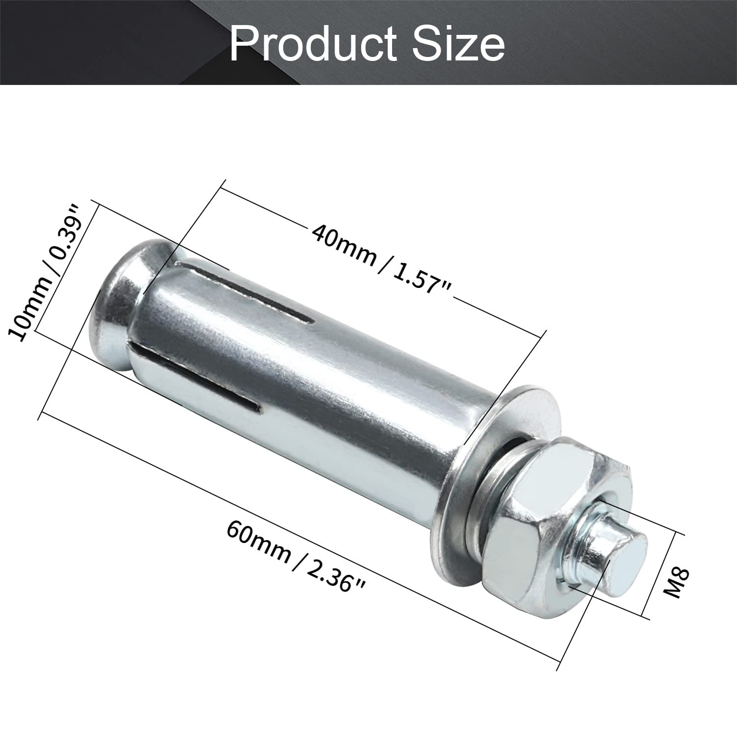 M8x60mm Zinc Plated Steel Expansion Bolts with Nuts - for Fence & AC Installation (10pcs)