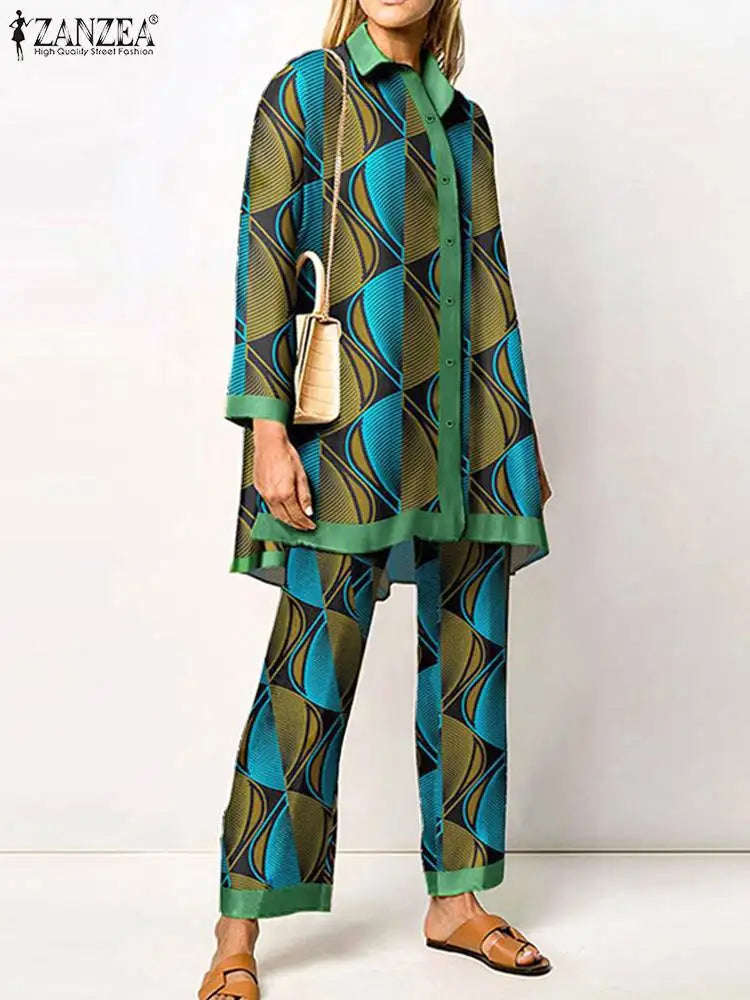 ZANZEA Women's Retro Printed 2-Piece Pant Set - Long Sleeve Lapel Shirt & Elegant Trousers Outfit | 2023 Fashion Tracksuit for Holiday & Casual Wear