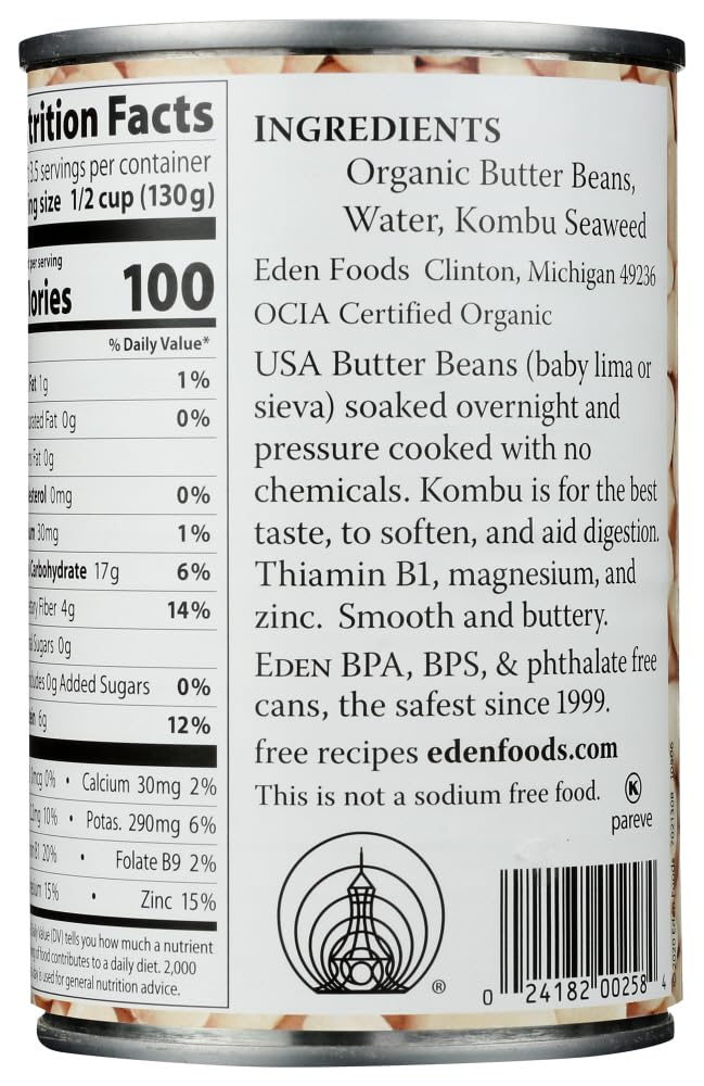 Eden Foods Organic Butter Lima Beans - 24 Pack (15 Oz Each) | Non-GMO, Gluten-Free | Perfect for Soups, Stews & Healthy Meal Prep