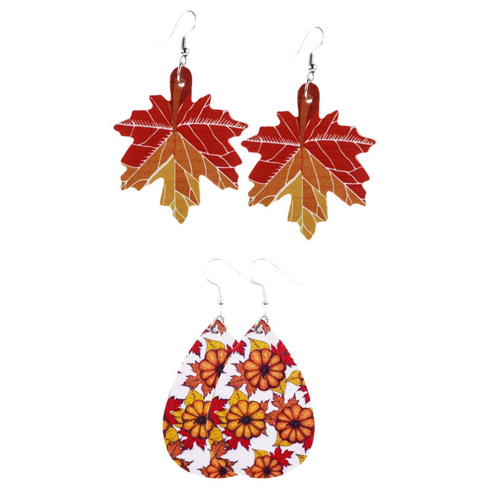 Amosfun 2 Pairs Thanksgiving Teardrop Earrings - Autumn Festival Leather Dangle Earrings with Maple Leaf & Pumpkin Pendants - Thanksgiving Jewelry Gifts for Women & Girls - Perfect for Holiday Parties, Family Gatherings & Fall Fashion Accessories