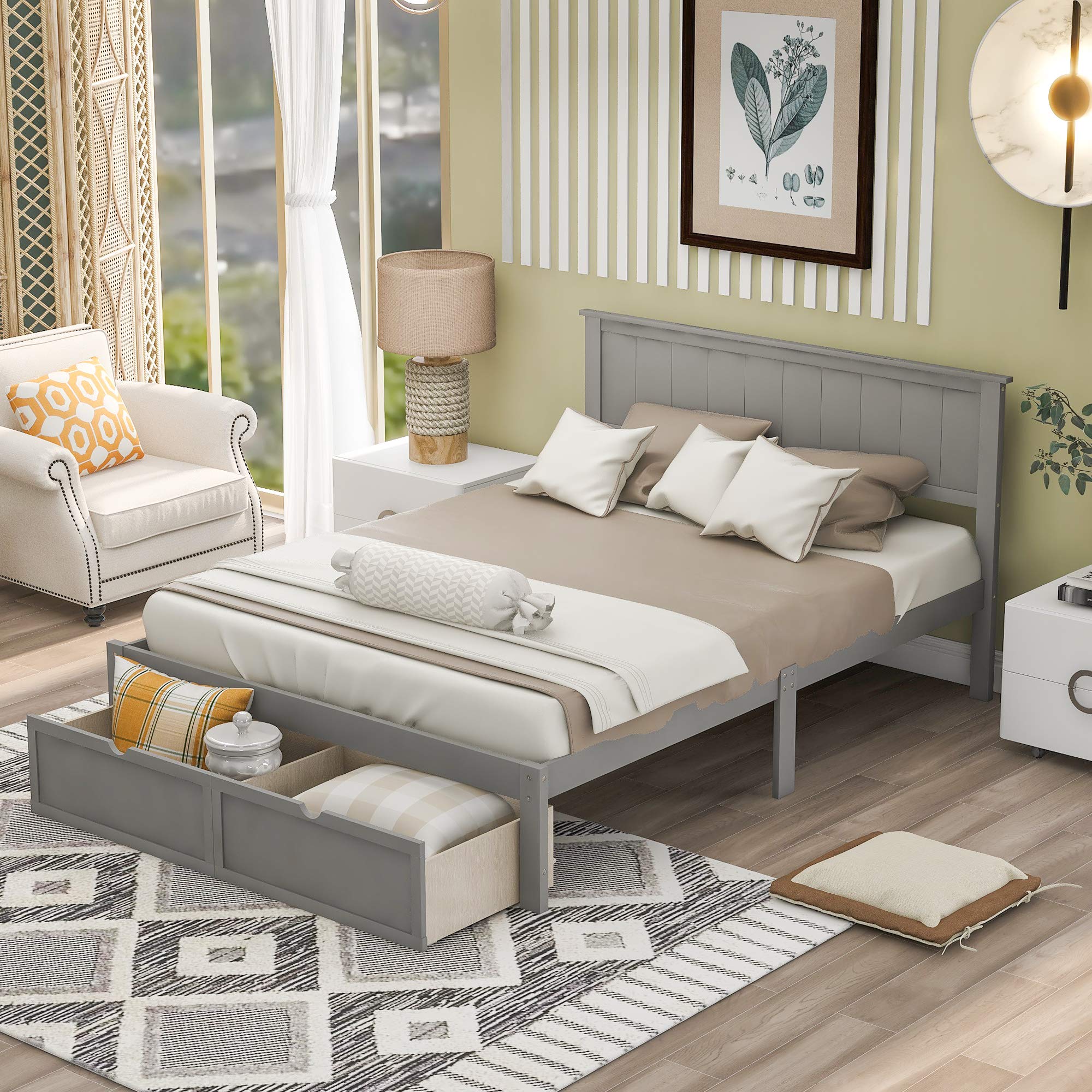 **Full Size Platform Bed Frame with 2 Storage Drawers - Rustic Wooden Headboard, Sturdy Support, No Box Spring Needed - Space-Saving Bed for Teens & Small Bedrooms (Gray)**    *(Ideal for teen rooms, guest rooms, or small apartments—maximizes storage while providing a stylish and supportive sleep solution.)*