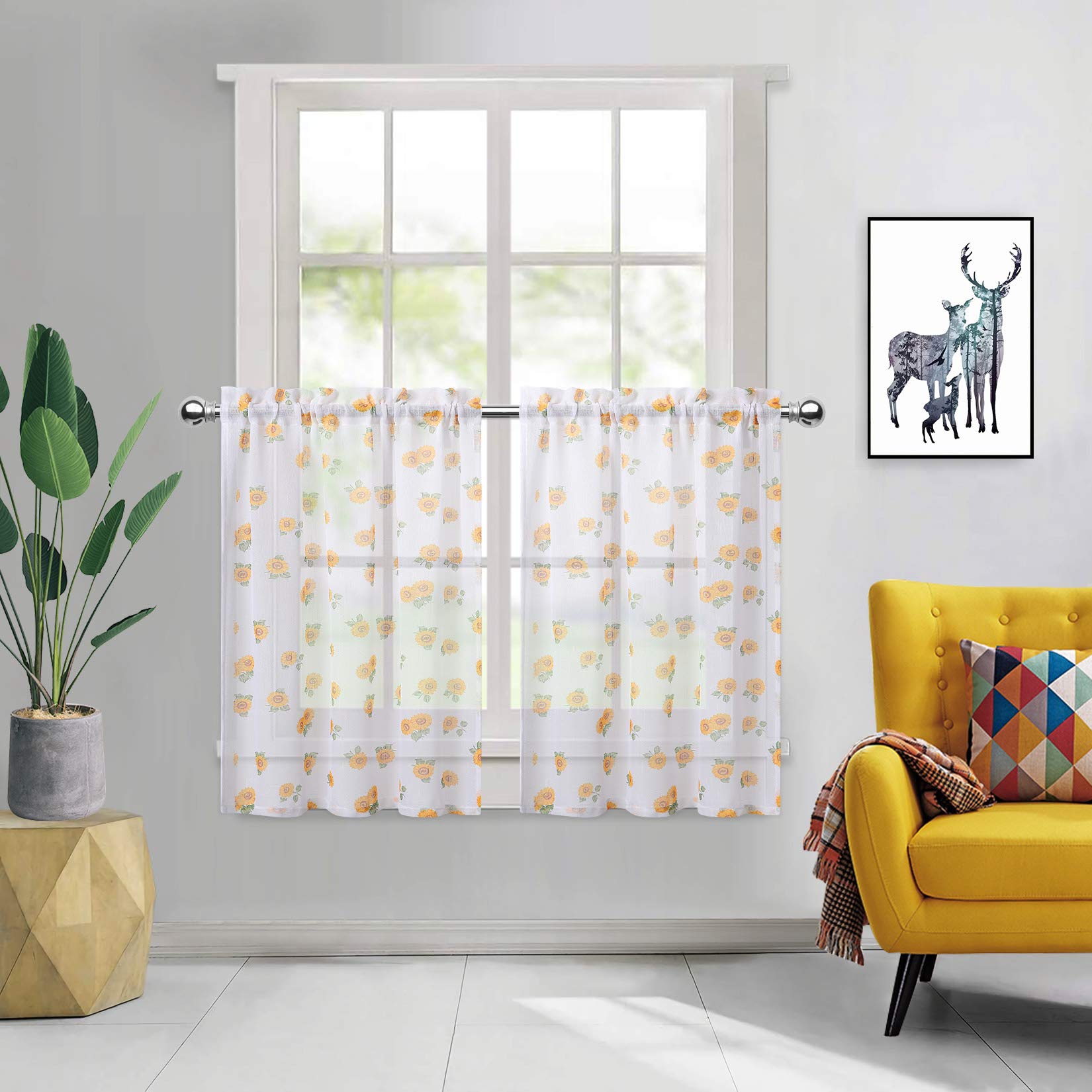 Yellow Lemon Plant Semi-Sheer Kitchen Curtains - 26x24 Inch Cafe Style Window Treatments (Set of 2 Panels) for Kitchen, Dining Room & Farmhouse Decor