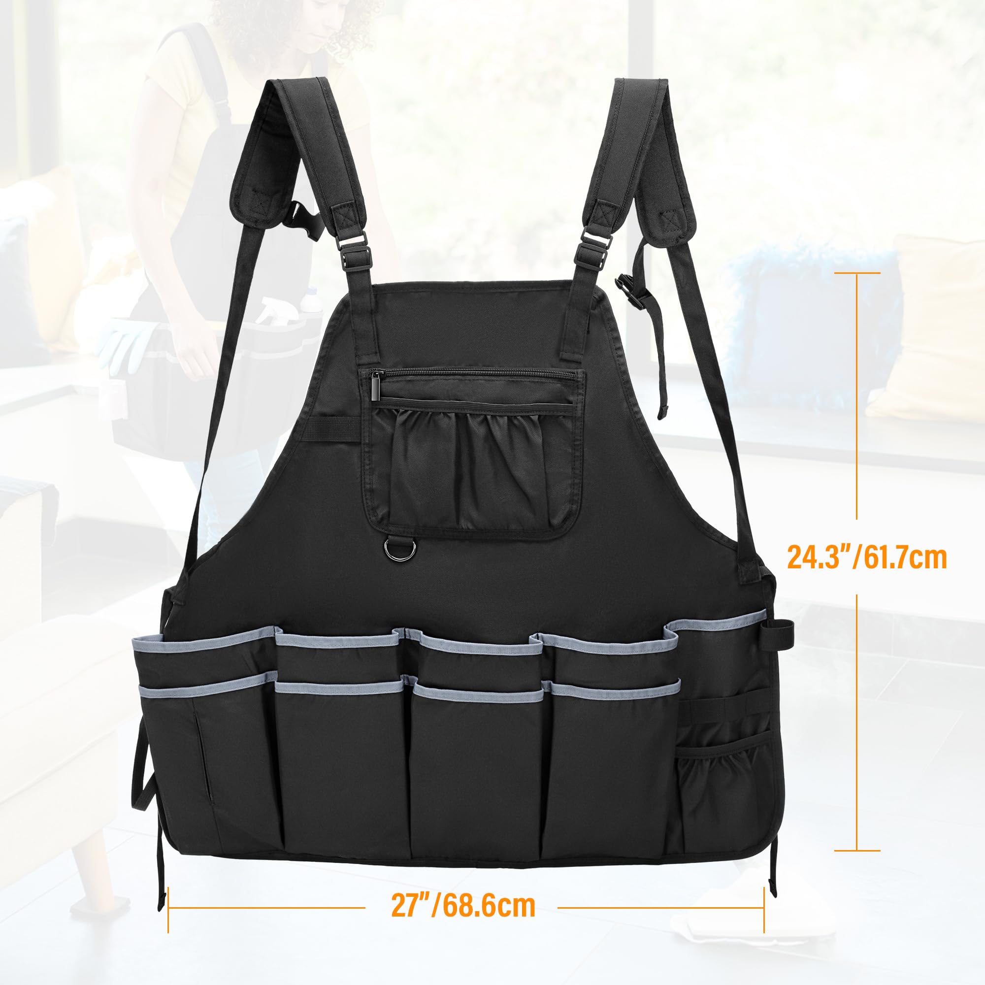**Large Water-Resistant Cleaning Apron with Dual Shoulder Straps & Multiple Pockets - Housekeeping Work Supplies Organizer for Women & Men (Apron Only) - Ideal for House Cleaning, Janitorial Work & DIY Projects**