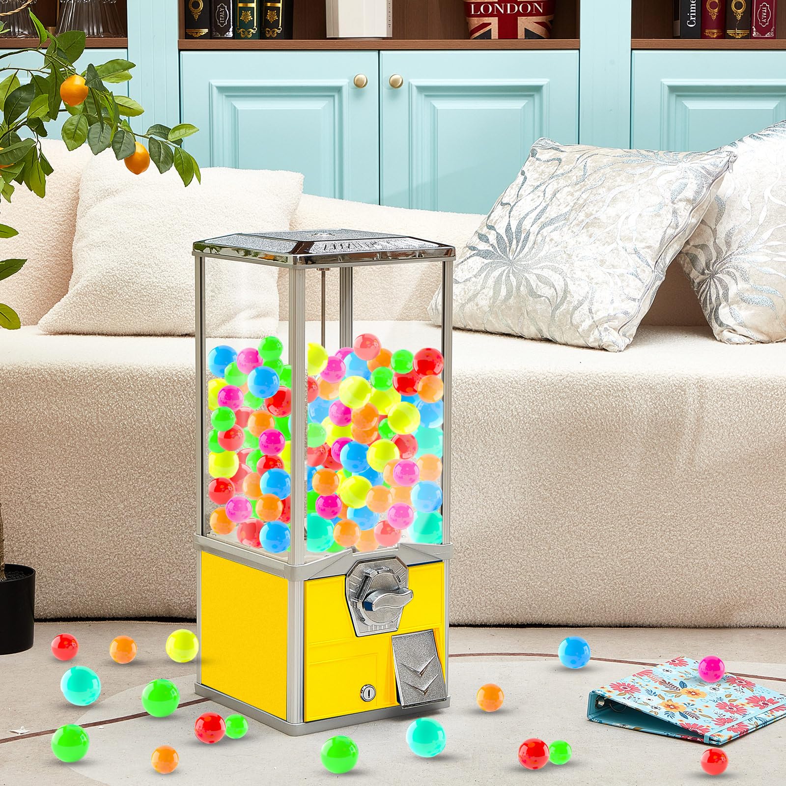 25 Inch Large Commercial Gumball Machine - Toy Capsule Vending Dispenser for 2 Inch Round Capsules, Gumballs & Bouncy Balls - Prize & Candy Machine (Yellow) - Perfect for Arcades, Malls, Restaurants & Retail Stores