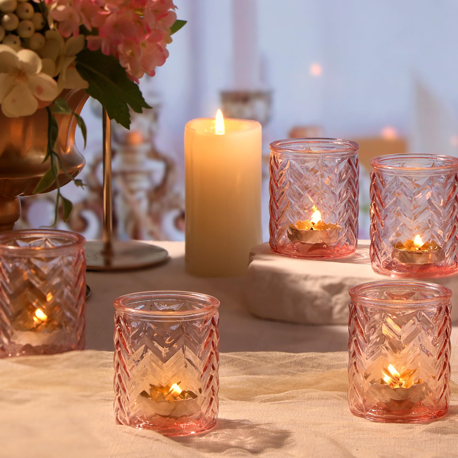 12 Pack Pink Glass Candle Holders - Elegant Votive Tealight Holders for Wedding, Baby Shower & Mother's Day Decor - Romantic Table Centerpiece for Home, Party & Special Occasions