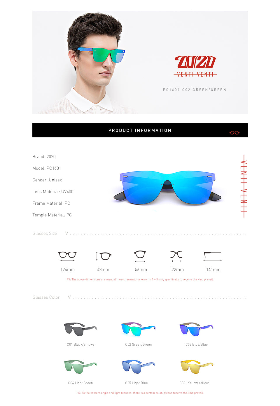 20/20 Unisex Oval Rimless Alloy Polarized Sunglasses PC1601 - UV Protection for Driving, Fishing & Outdoor Activities