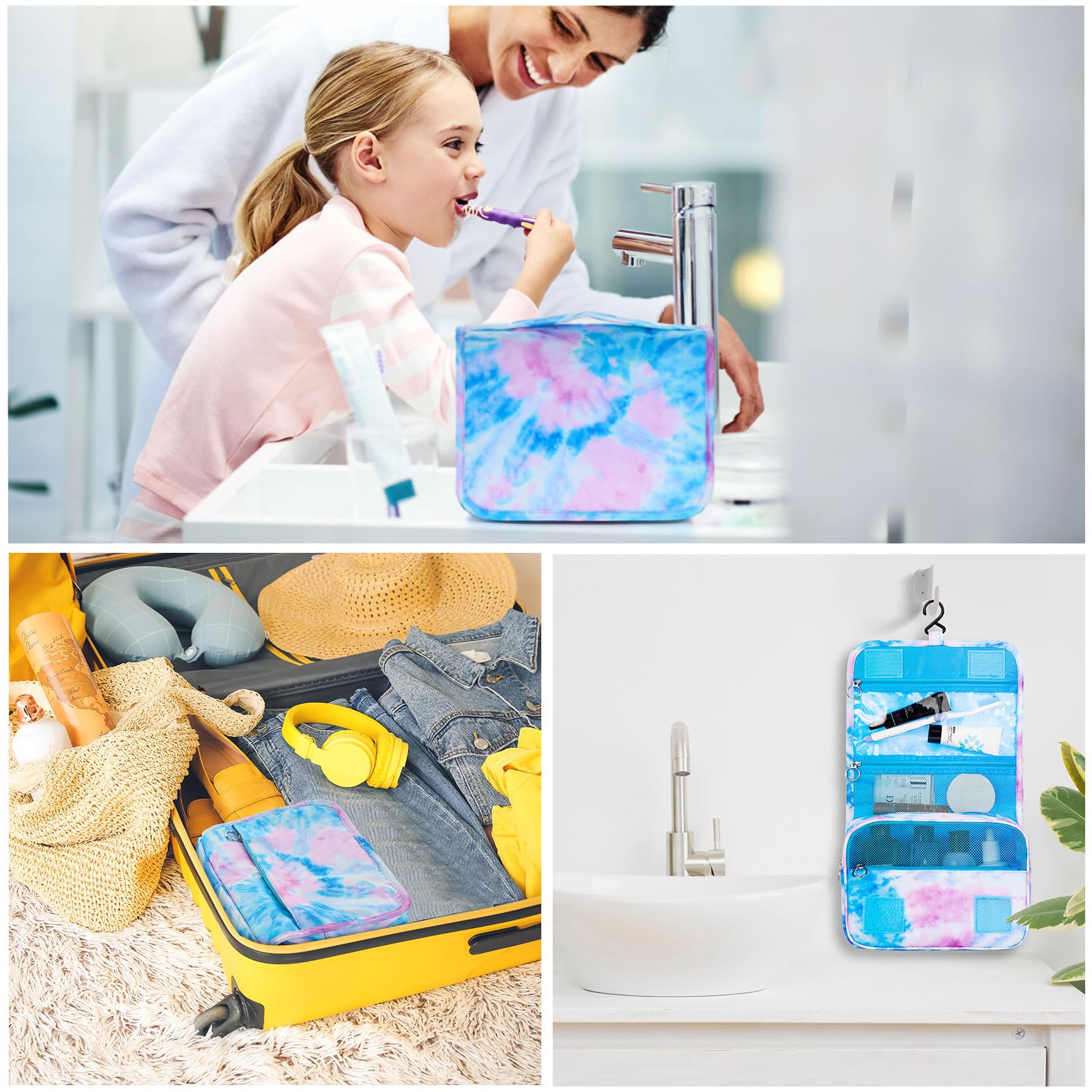 Waterproof Tie Dye Blue Kids Hanging Toiletry Bag for Girls - Travel Cosmetic & Makeup Organizer Wash Bag for Toddlers & Little Girls - Perfect for School Trips, Sleepovers & Family Vacations