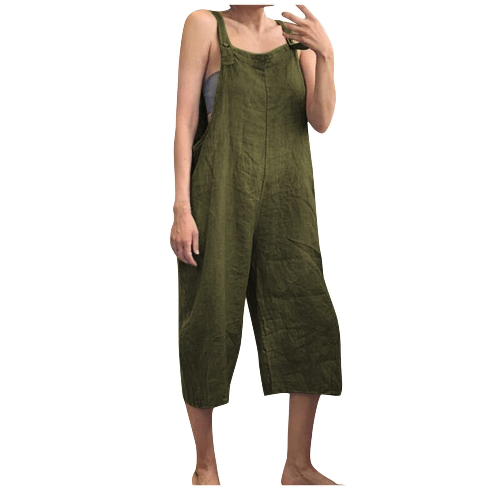 Messigaot Women's Linen Overall Jumpsuit - Solid Color Cropped Bib Pants, Loose Baggy Cotton Wide Leg Romper for Casual Wear, Summer Outfits & Boho Fashion