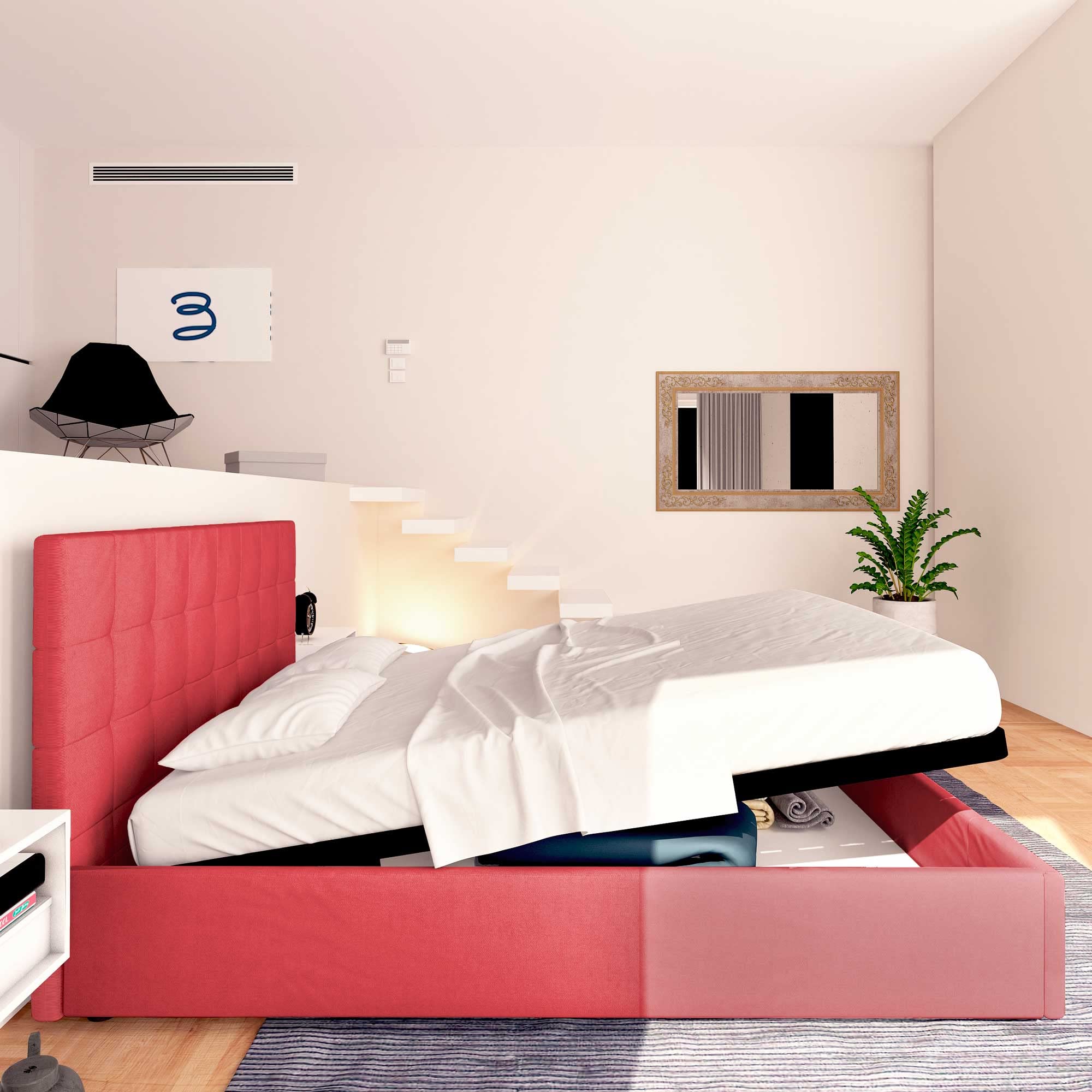 Baldiflex Dublin Fabric Double Bed Frame with Storage, Slatted Base for Single Mattresses, 140x200 cm, Elegant Red Headboard - Perfect for Small Bedrooms & Guest Rooms
