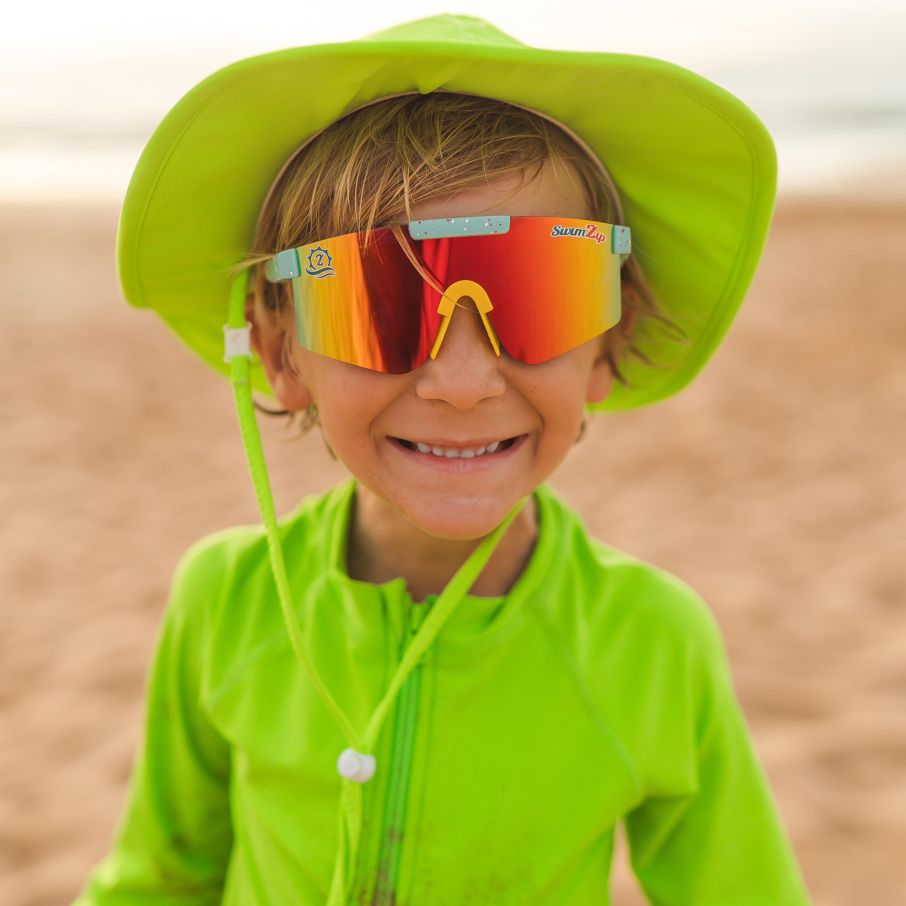 Kids Wide Brim Sun Hat for UV Protection - Neon Lime Green Summer Play Hat for Beach, Pool & Outdoor Activities