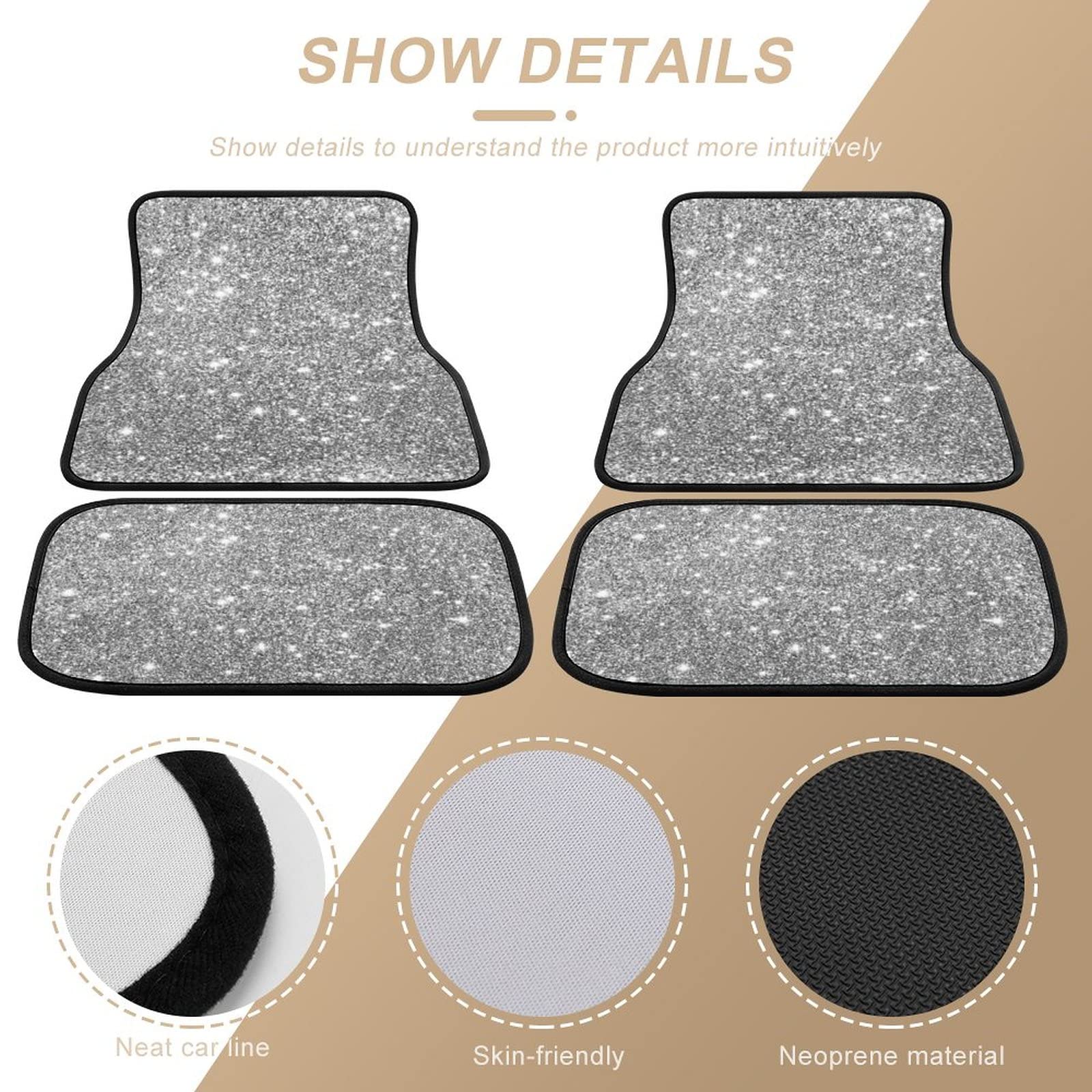 4-Piece Silver Glitter Car Floor Mats Set - Universal Fit for SUV, Sedan, Truck & Van | All-Weather Protection Auto Carpet | Perfect for Daily Commute, Road Trips & Family Travel
