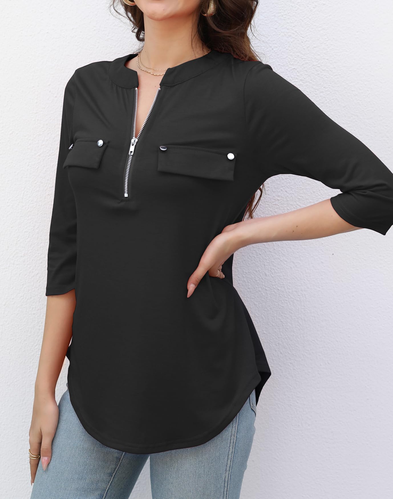 LuckyMore Women's 3/4 Sleeve V-Neck Zip Blouse - Business Casual Work Shirt for Office, Meetings & Professional Outfits