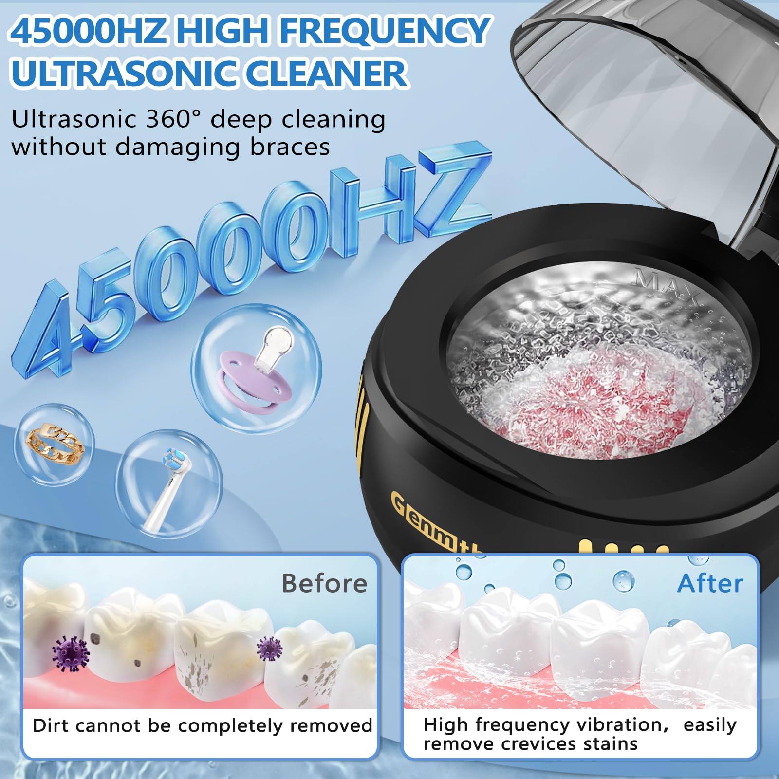 Ultrasonic Jewelry & Denture Cleaner Machine 45Khz with 6 LED Lights, Digital Timer & 4 Time Modes - Portable Retainer, Ring, Necklace, Watch Cleaner for Home, Travel & Dental Care