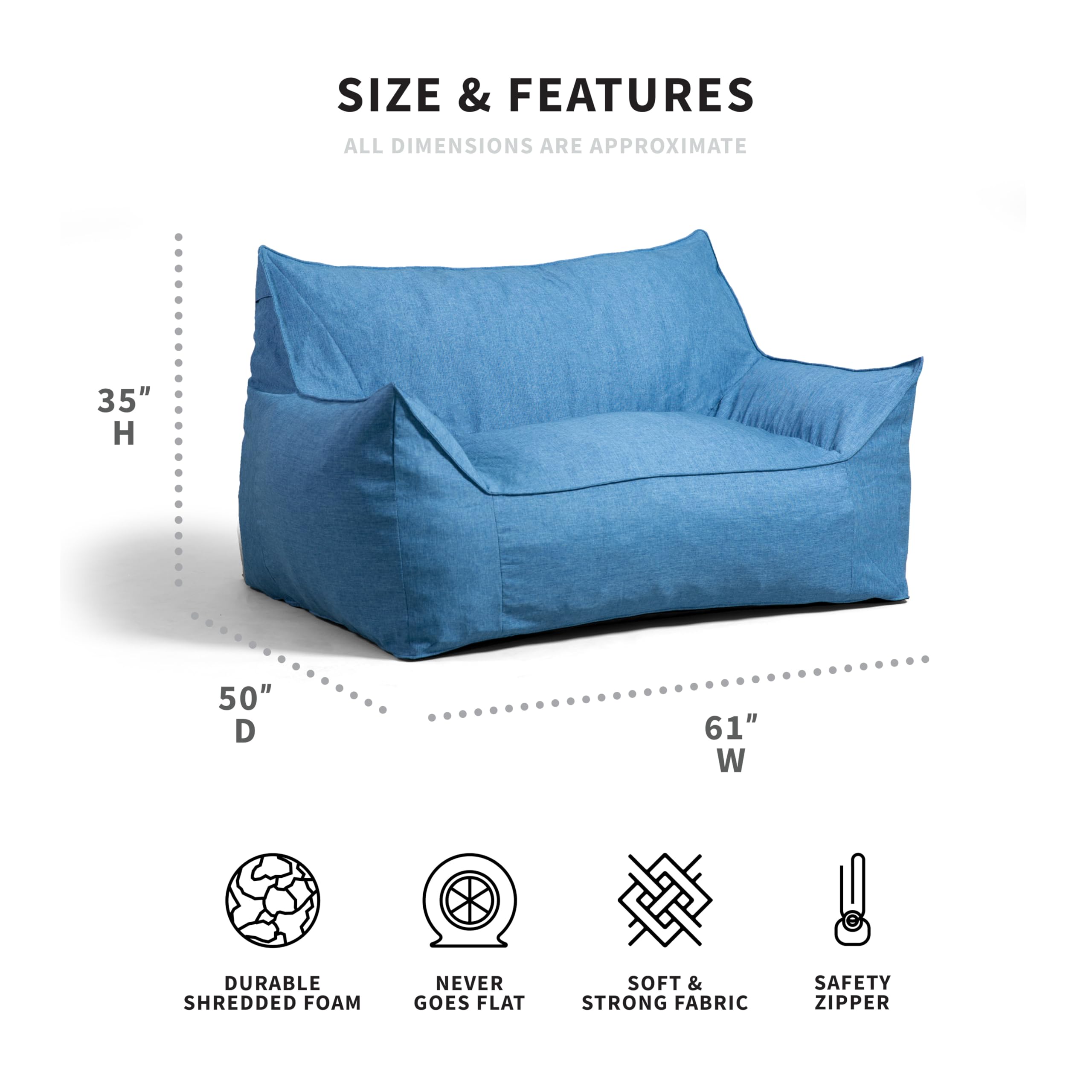Big Joe Imperial Fufton Foam Filled Bean Bag Sofa - 5ft Giant with Removable Pacific Blue Woven Polyester Cover | Durable & Comfortable for Living Room, Game Room, Dorm & Outdoor Relaxation