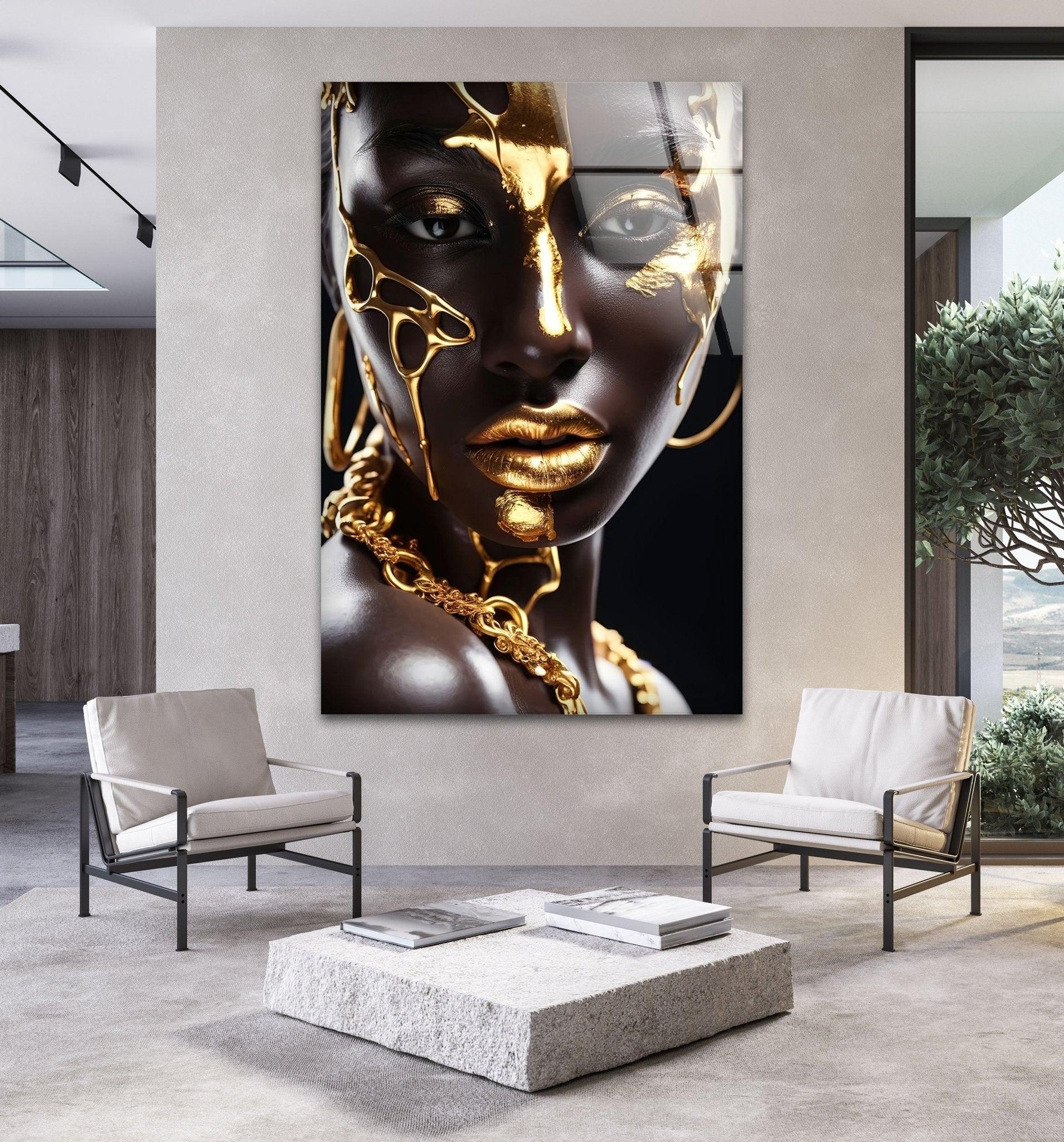 African Gold Woman Glass Wall Art - Handmade African Decor for Living Room, Bedroom & Office - Elegant Home Decor Gift for Women